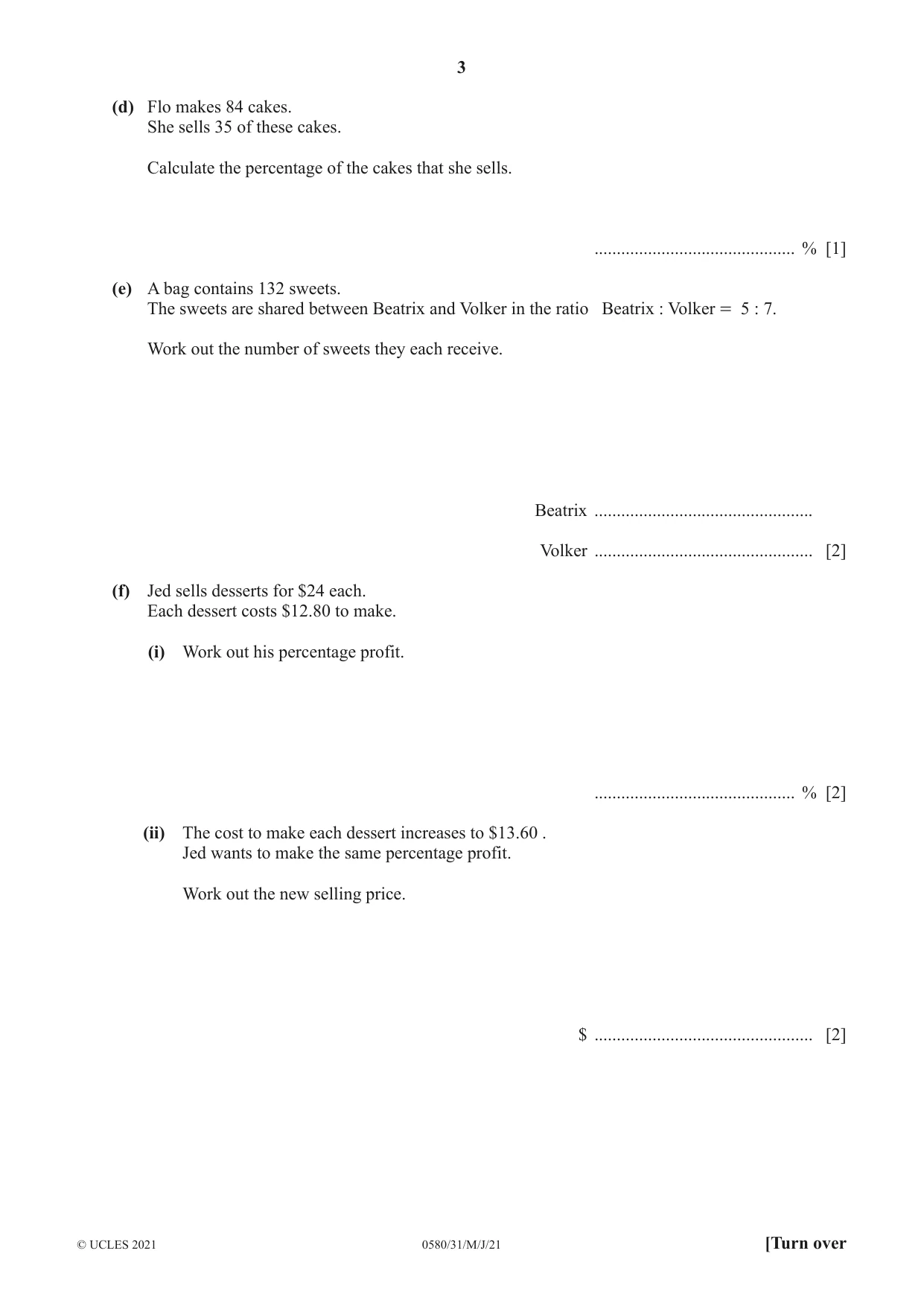 Cambridge IGCSE Mathematics 0580 2021 May/June Paper 3 · Variant 1 question paper, page 3 of 16