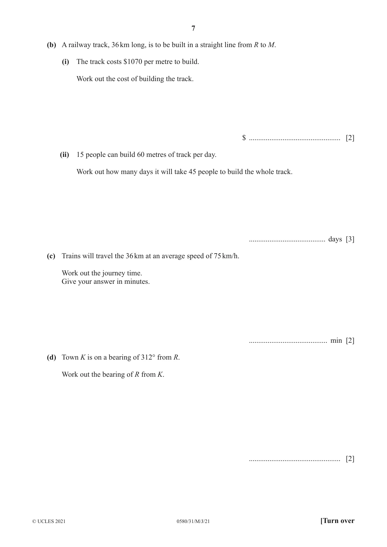 Cambridge IGCSE Mathematics 0580 2021 May/June Paper 3 · Variant 1 question paper, page 7 of 16