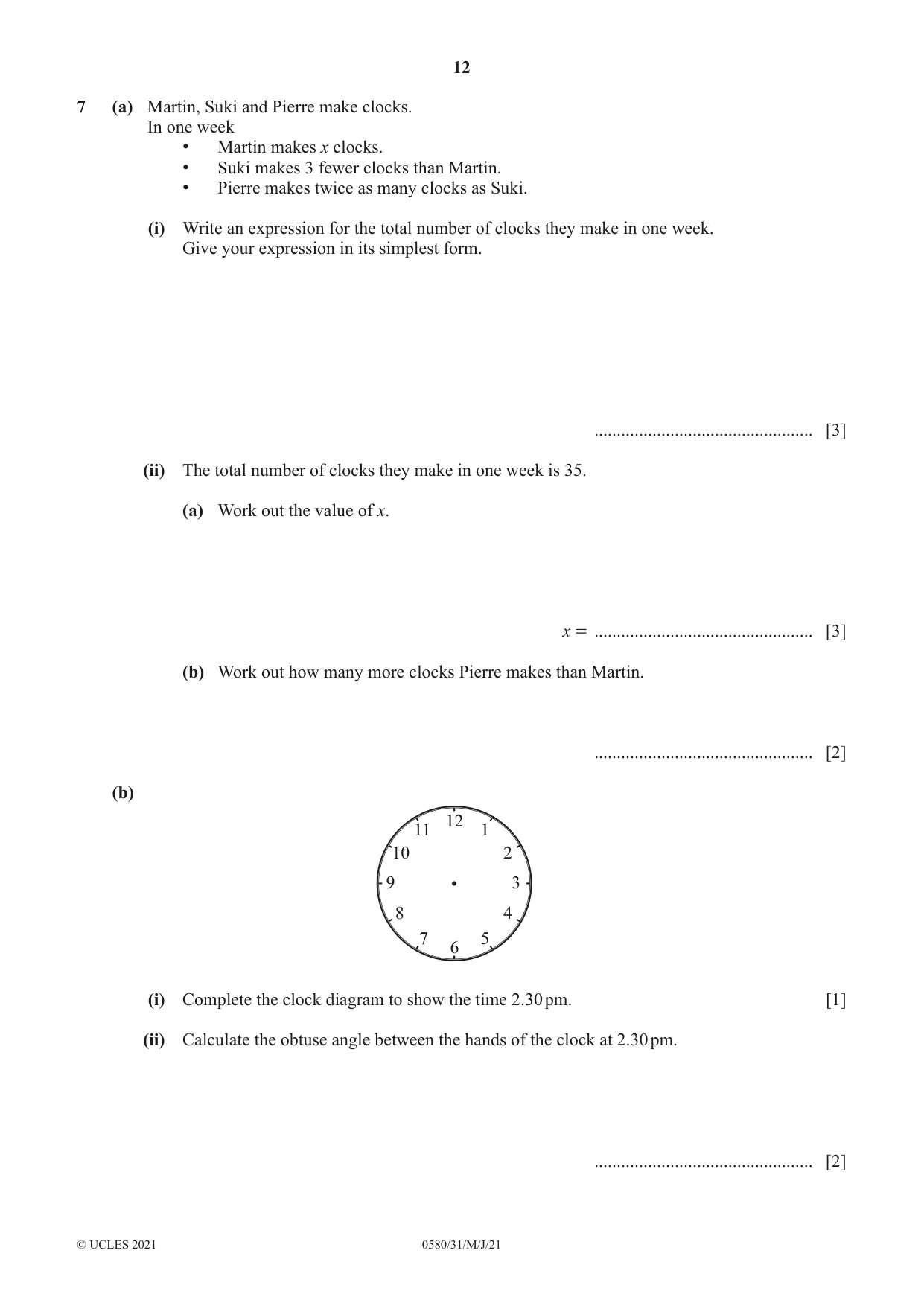 Cambridge IGCSE Mathematics 0580 2021 May/June Paper 3 · Variant 1 question paper, page 12 of 16