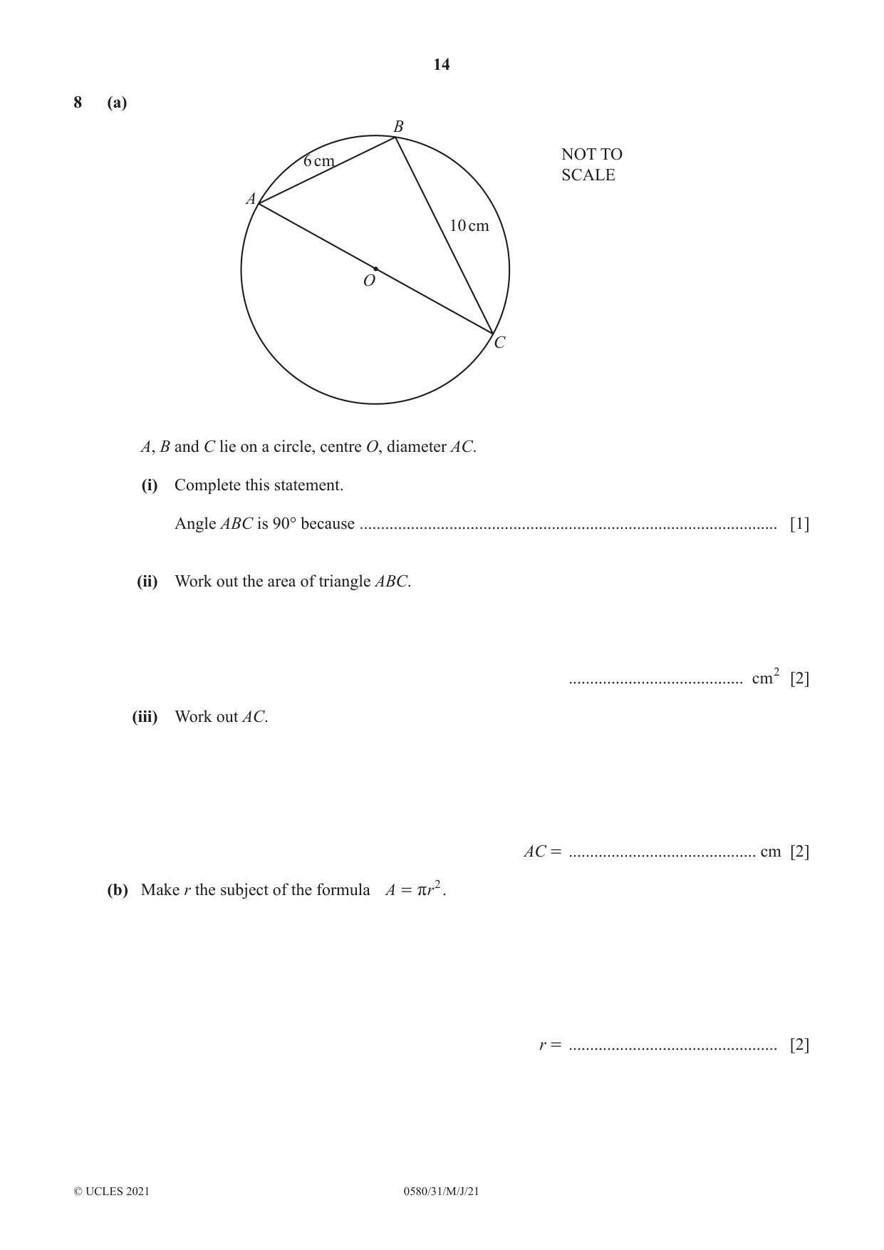 Cambridge IGCSE Mathematics 0580 2021 May/June Paper 3 · Variant 1 question paper, page 14 of 16