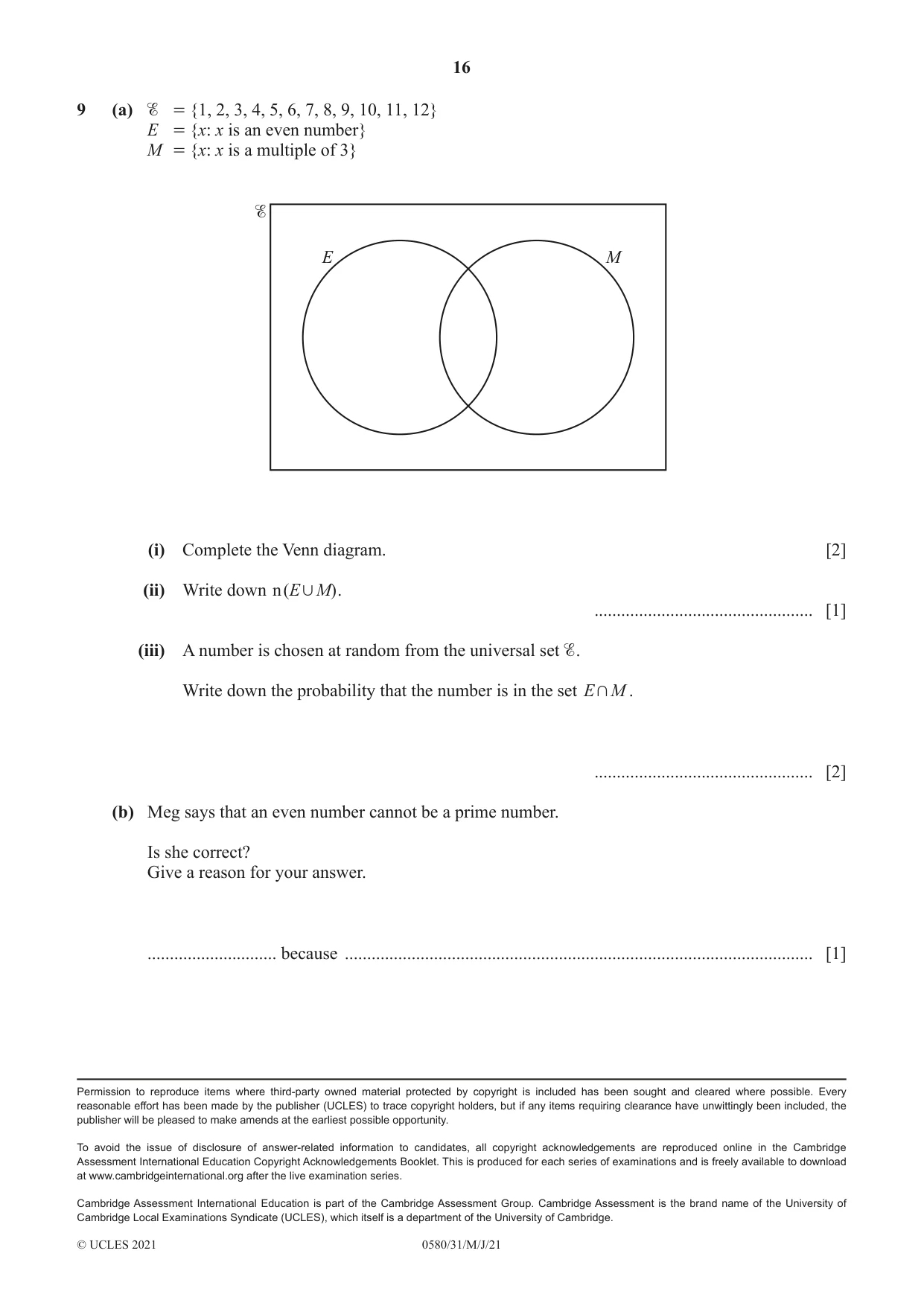 Cambridge IGCSE Mathematics 0580 2021 May/June Paper 3 · Variant 1 question paper, page 16 of 16