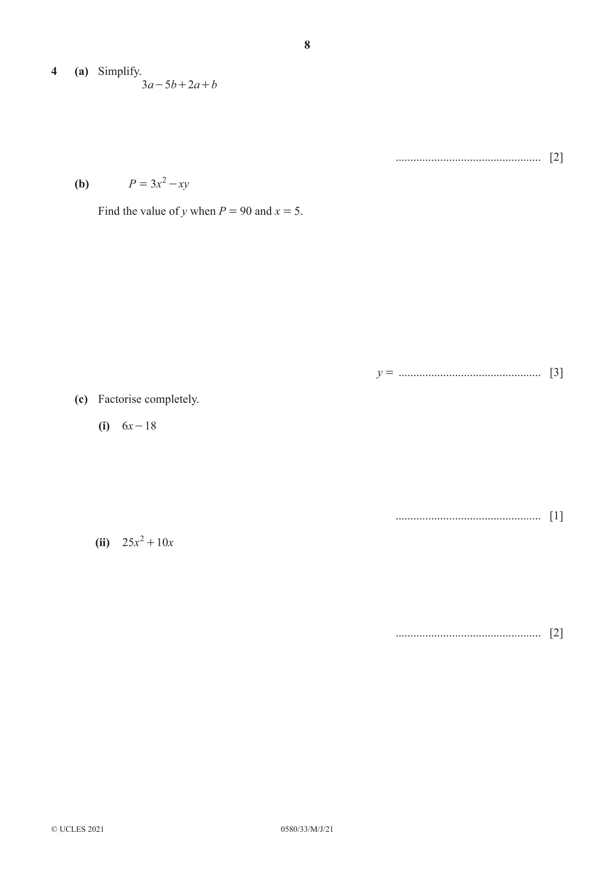Cambridge IGCSE Mathematics 0580 2021 May/June Paper 3 · Variant 3 question paper, page 8 of 20