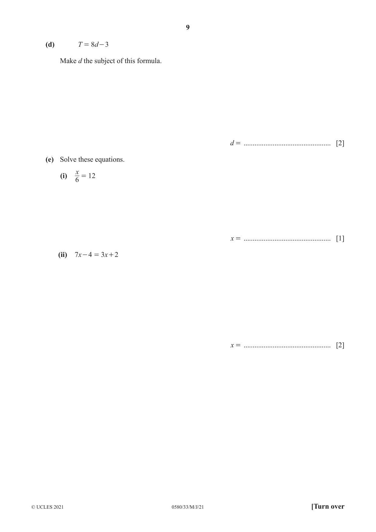 Cambridge IGCSE Mathematics 0580 2021 May/June Paper 3 · Variant 3 question paper, page 9 of 20