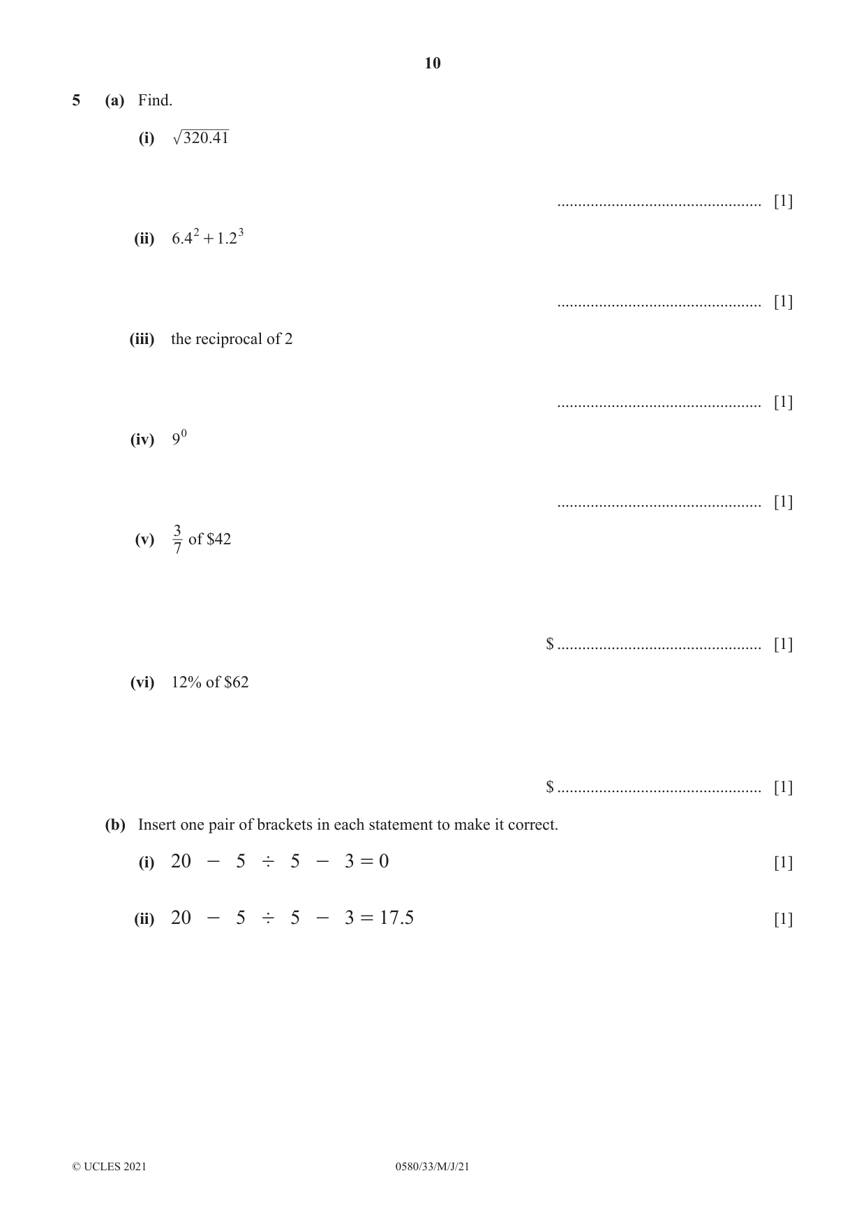 Cambridge IGCSE Mathematics 0580 2021 May/June Paper 3 · Variant 3 question paper, page 10 of 20