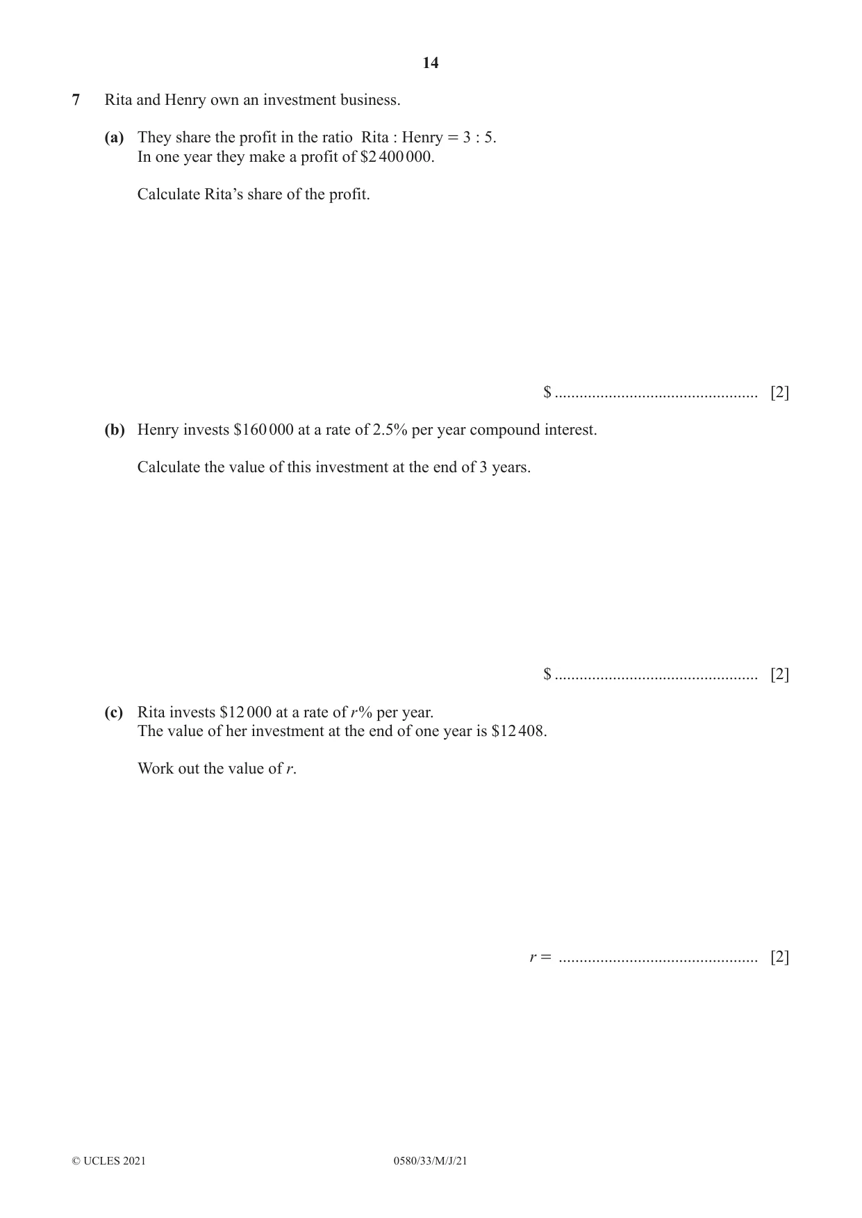 Cambridge IGCSE Mathematics 0580 2021 May/June Paper 3 · Variant 3 question paper, page 14 of 20