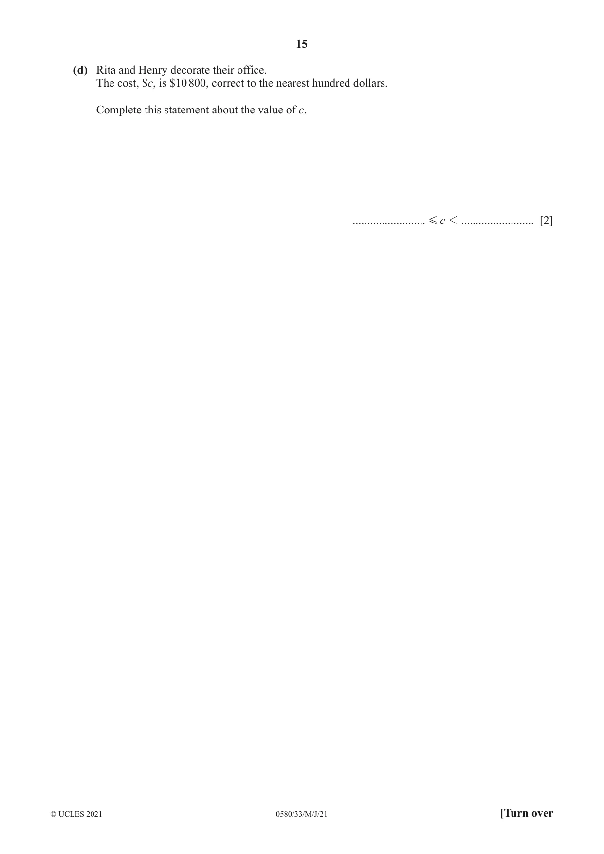Cambridge IGCSE Mathematics 0580 2021 May/June Paper 3 · Variant 3 question paper, page 15 of 20