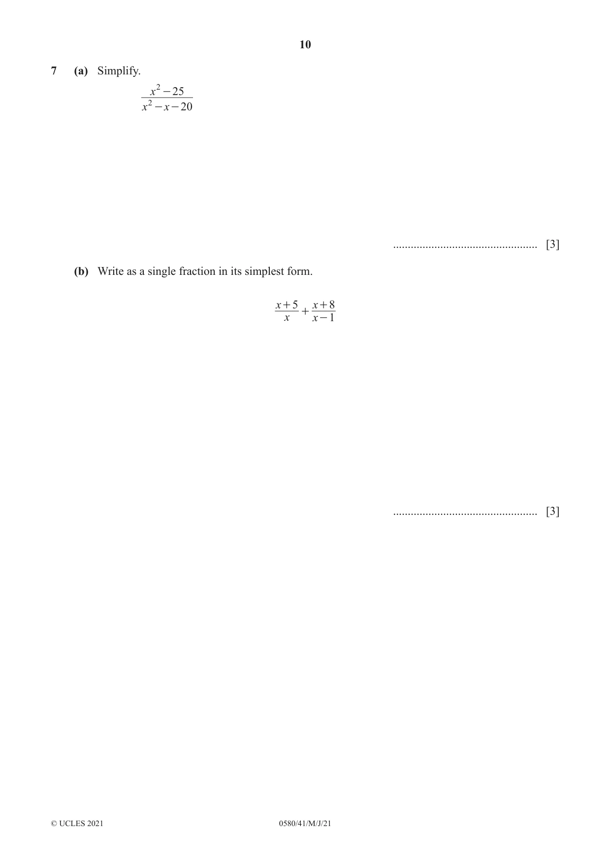 Cambridge IGCSE Mathematics 0580 2021 May/June Paper 4 · Variant 1 question paper, page 10 of 20