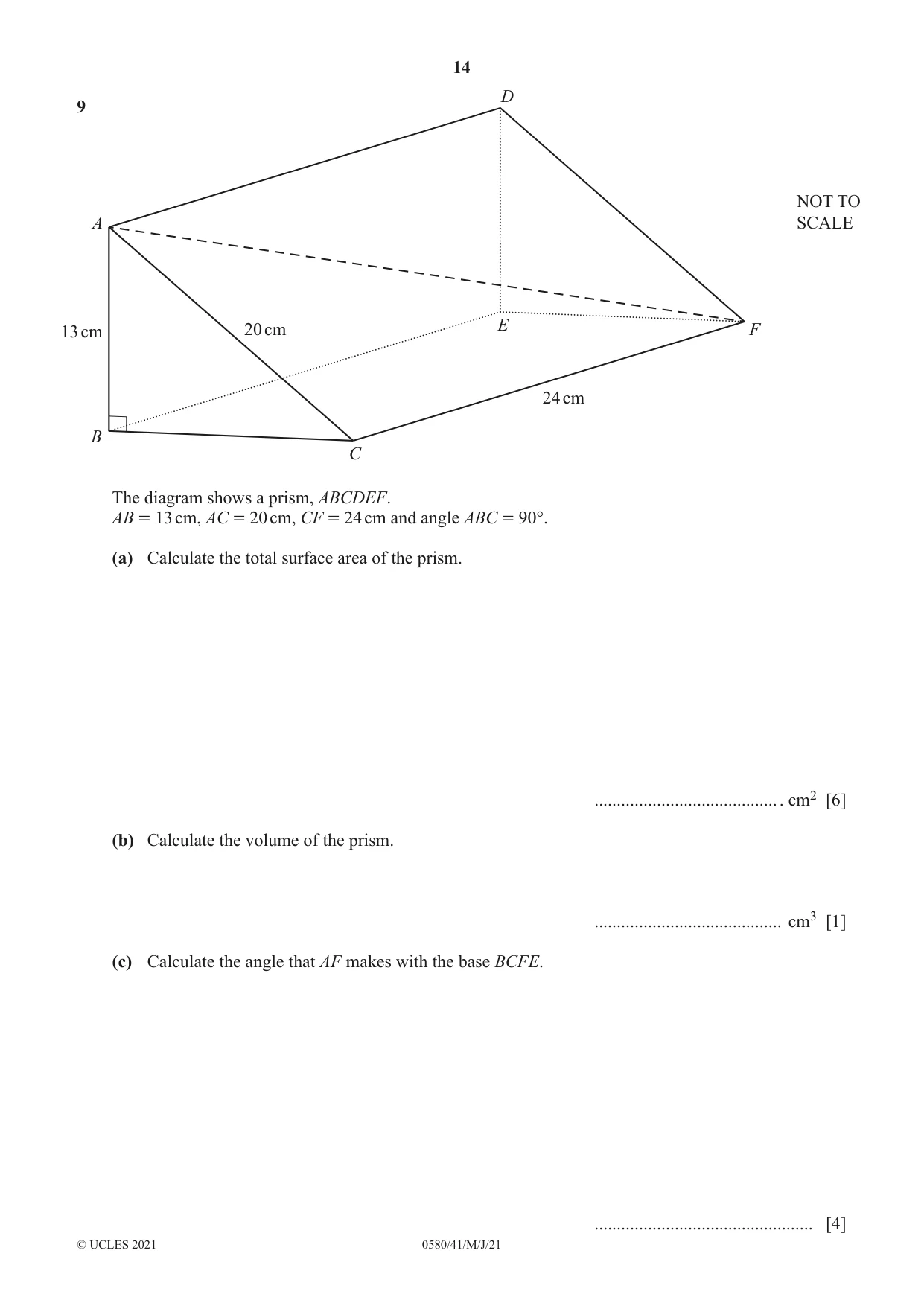 Cambridge IGCSE Mathematics 0580 2021 May/June Paper 4 · Variant 1 question paper, page 14 of 20