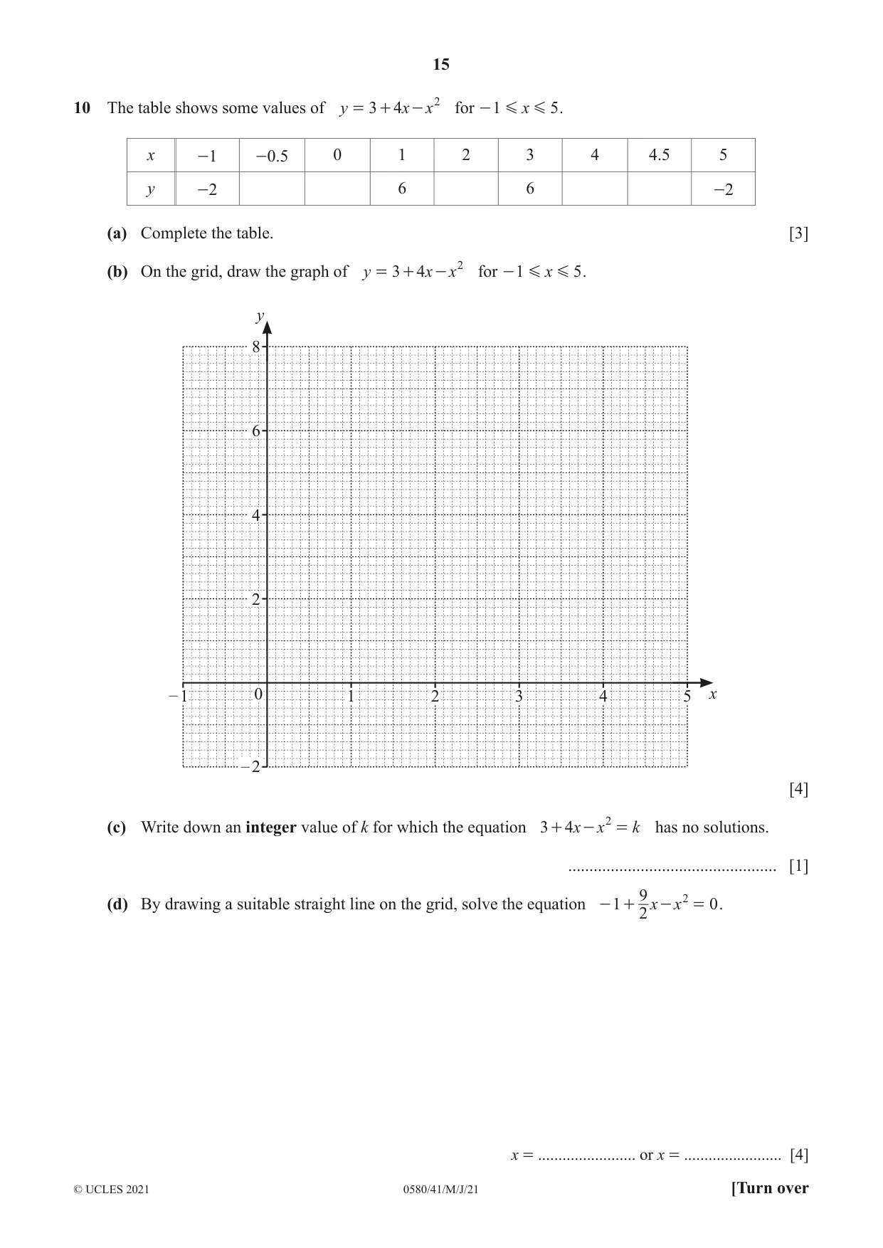 Cambridge IGCSE Mathematics 0580 2021 May/June Paper 4 · Variant 1 question paper, page 15 of 20