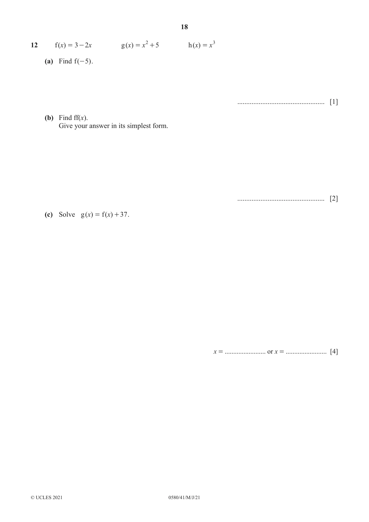 Cambridge IGCSE Mathematics 0580 2021 May/June Paper 4 · Variant 1 question paper, page 18 of 20
