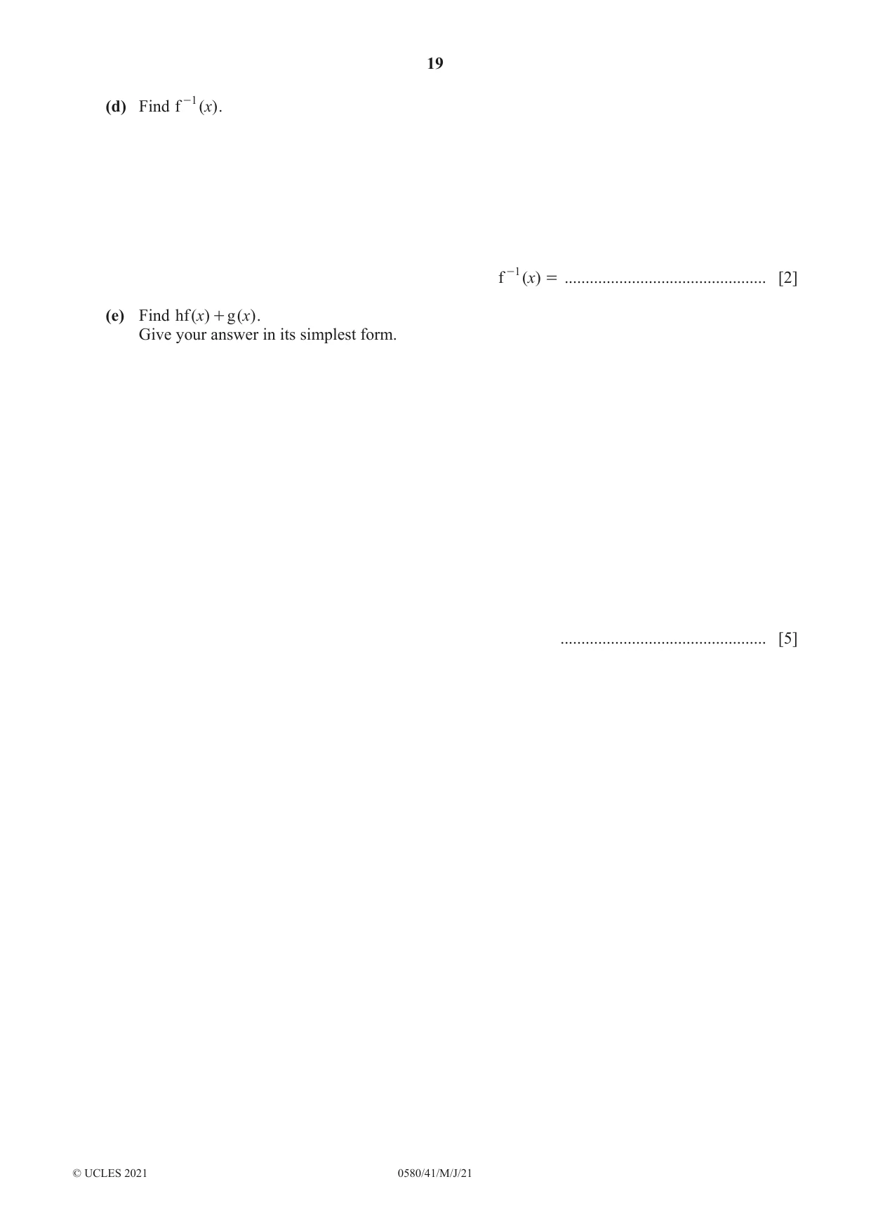 Cambridge IGCSE Mathematics 0580 2021 May/June Paper 4 · Variant 1 question paper, page 19 of 20