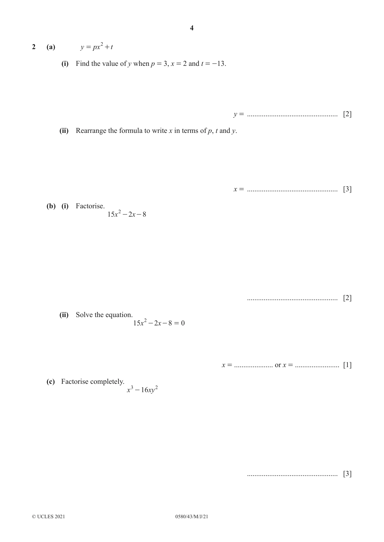 Cambridge IGCSE Mathematics 0580 2021 May/June Paper 4 · Variant 3 question paper, page 4 of 20