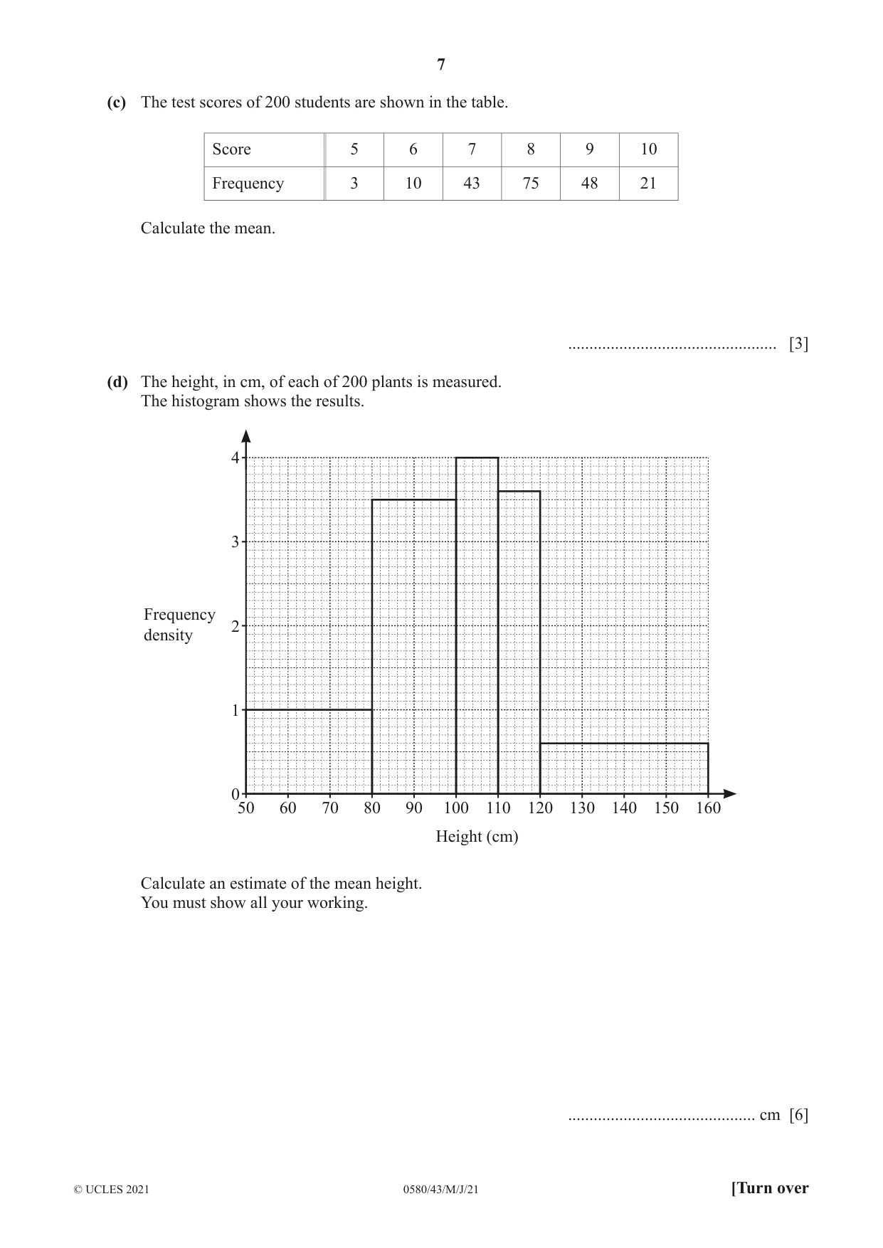 Cambridge IGCSE Mathematics 0580 2021 May/June Paper 4 · Variant 3 question paper, page 7 of 20