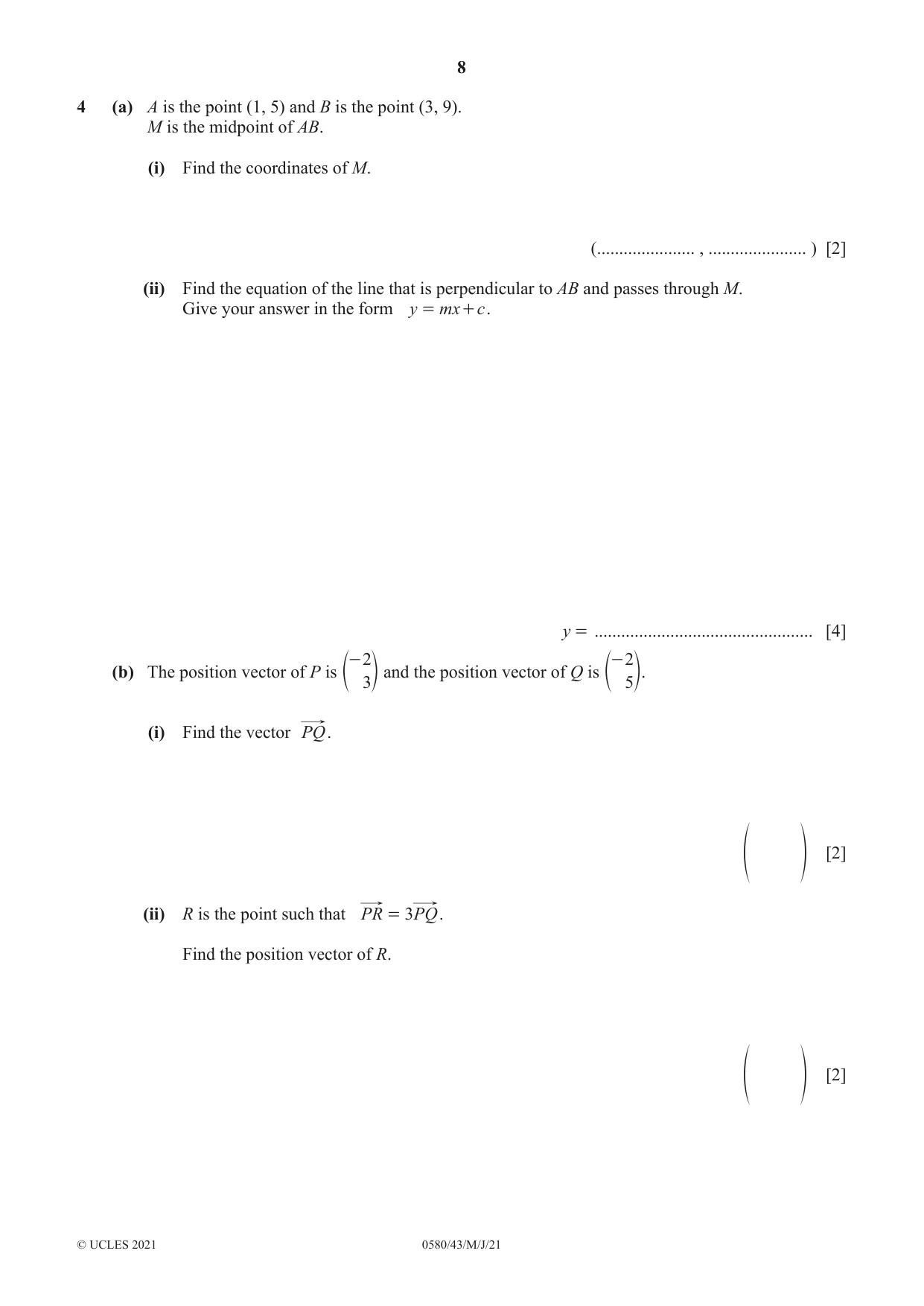 Cambridge IGCSE Mathematics 0580 2021 May/June Paper 4 · Variant 3 question paper, page 8 of 20