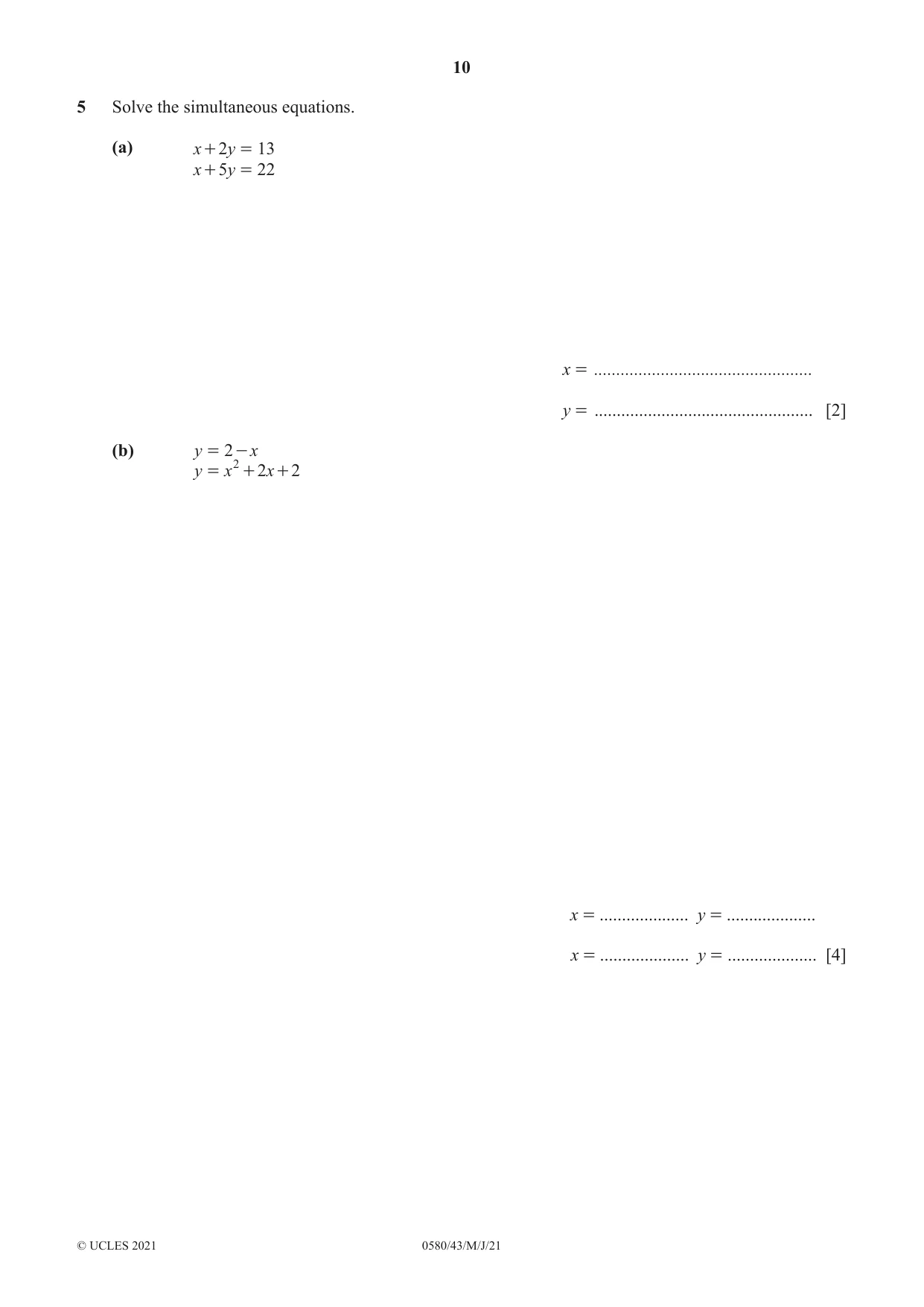Cambridge IGCSE Mathematics 0580 2021 May/June Paper 4 · Variant 3 question paper, page 10 of 20