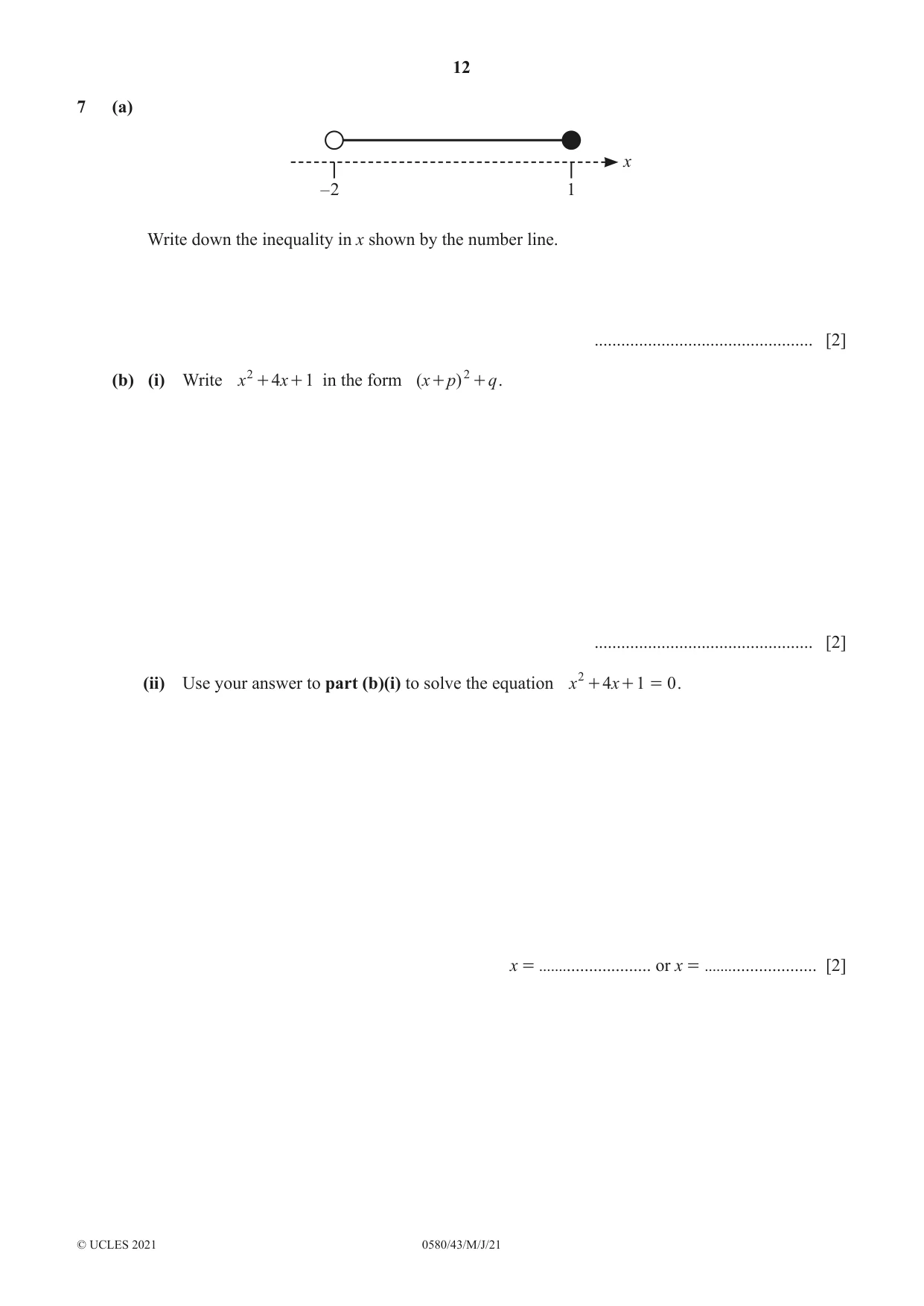 Cambridge IGCSE Mathematics 0580 2021 May/June Paper 4 · Variant 3 question paper, page 12 of 20