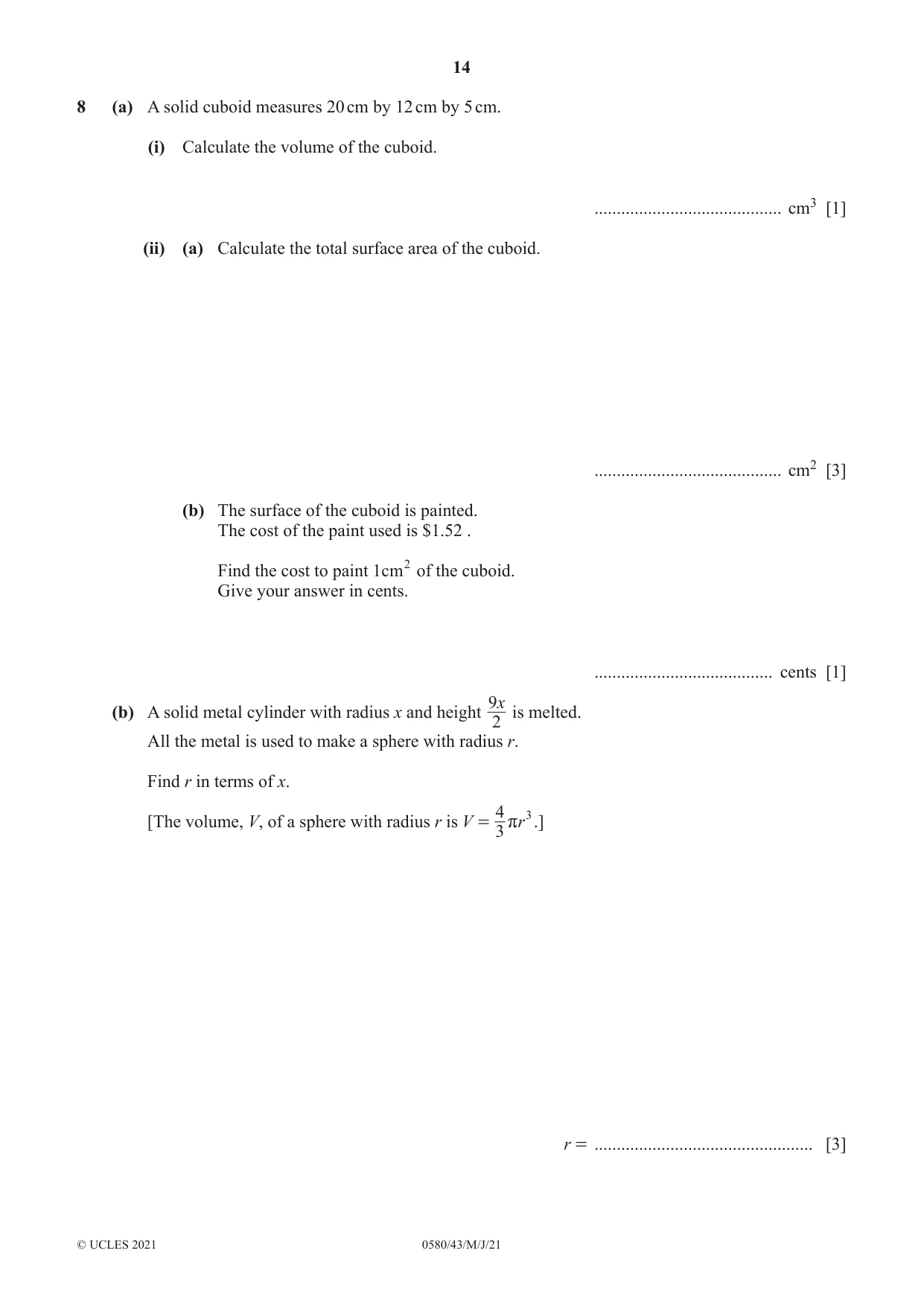 Cambridge IGCSE Mathematics 0580 2021 May/June Paper 4 · Variant 3 question paper, page 14 of 20
