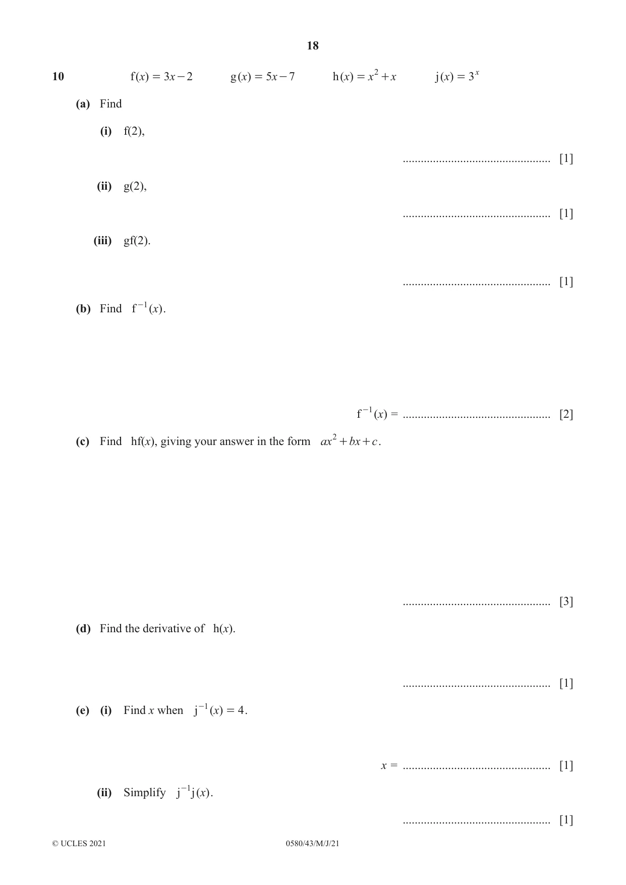 Cambridge IGCSE Mathematics 0580 2021 May/June Paper 4 · Variant 3 question paper, page 18 of 20