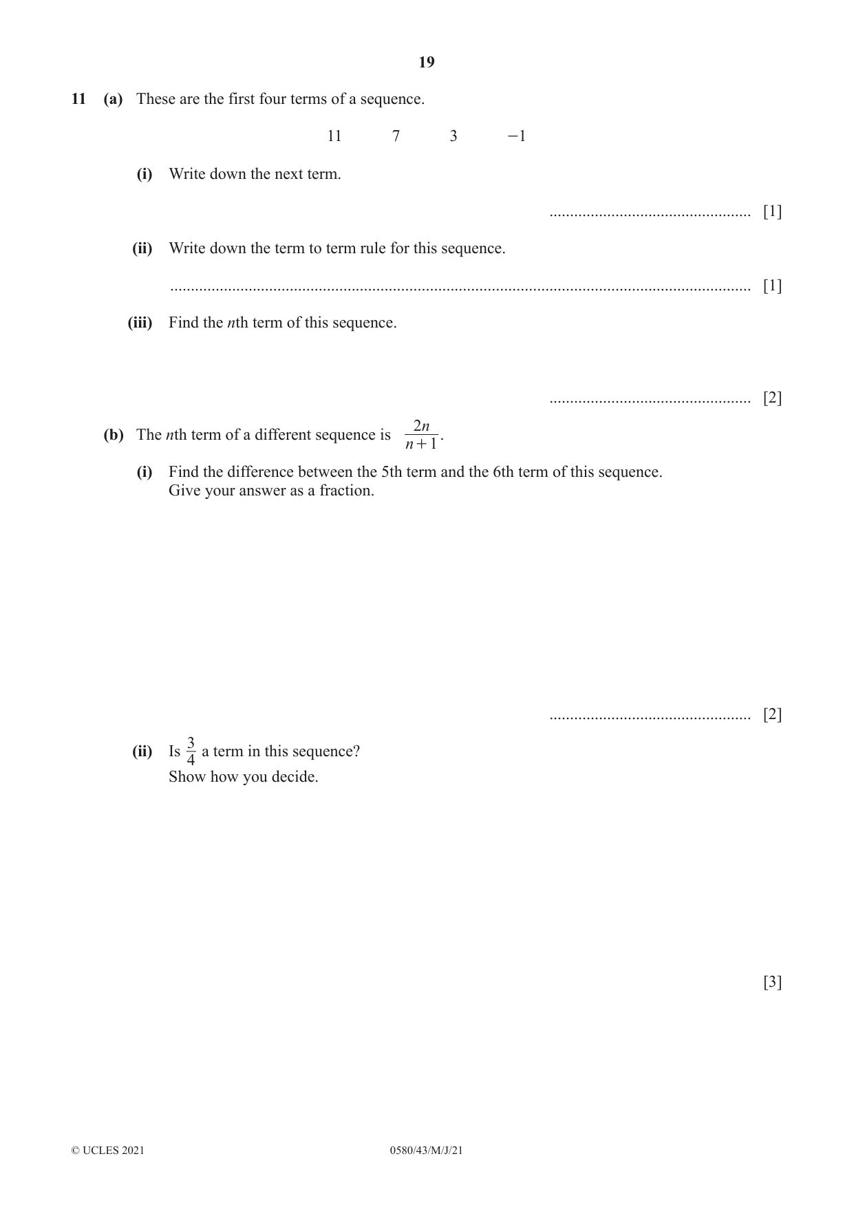 Cambridge IGCSE Mathematics 0580 2021 May/June Paper 4 · Variant 3 question paper, page 19 of 20