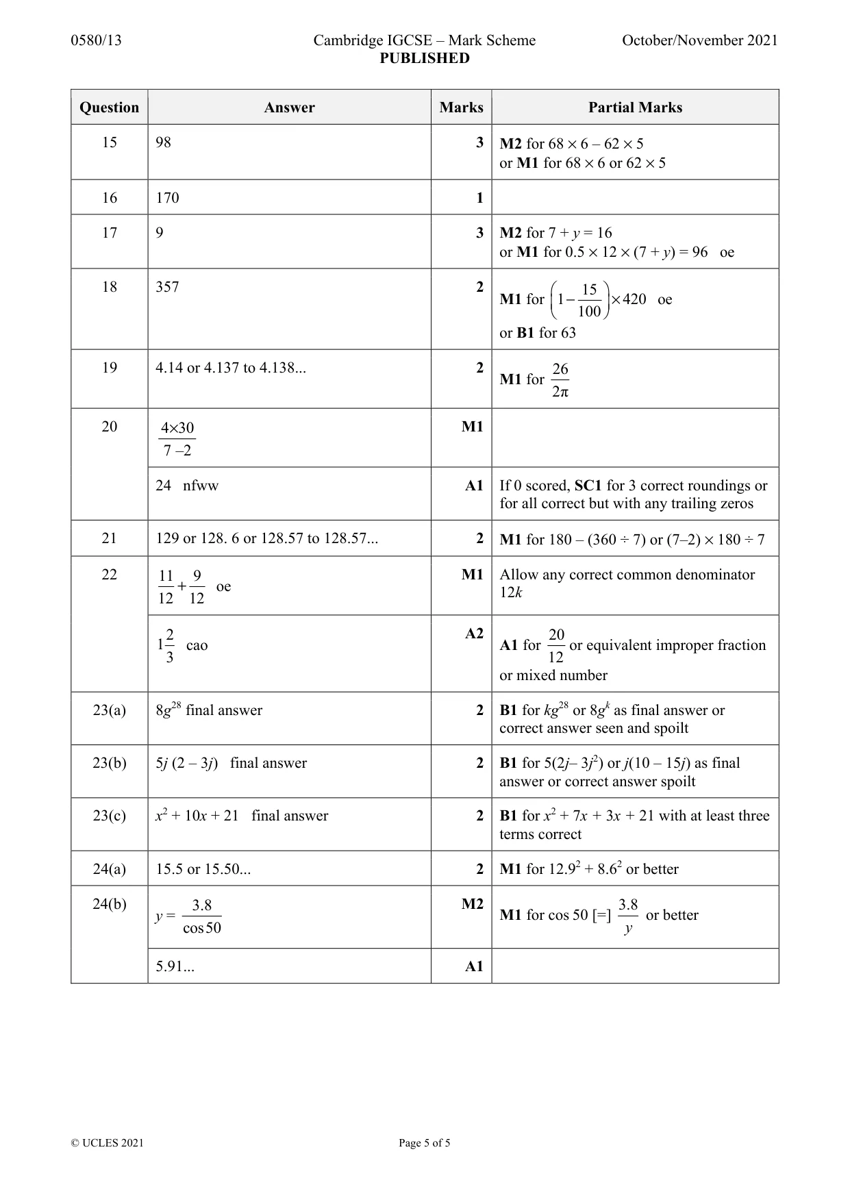Mark scheme, page 5 of 5