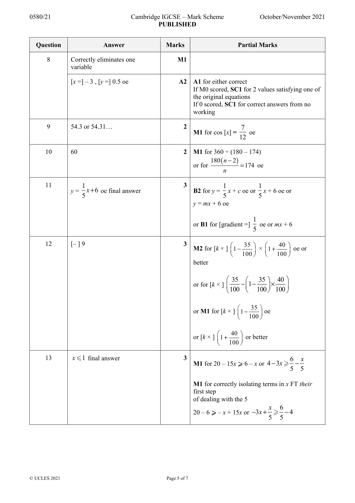 Mark scheme, page 5 of 7
