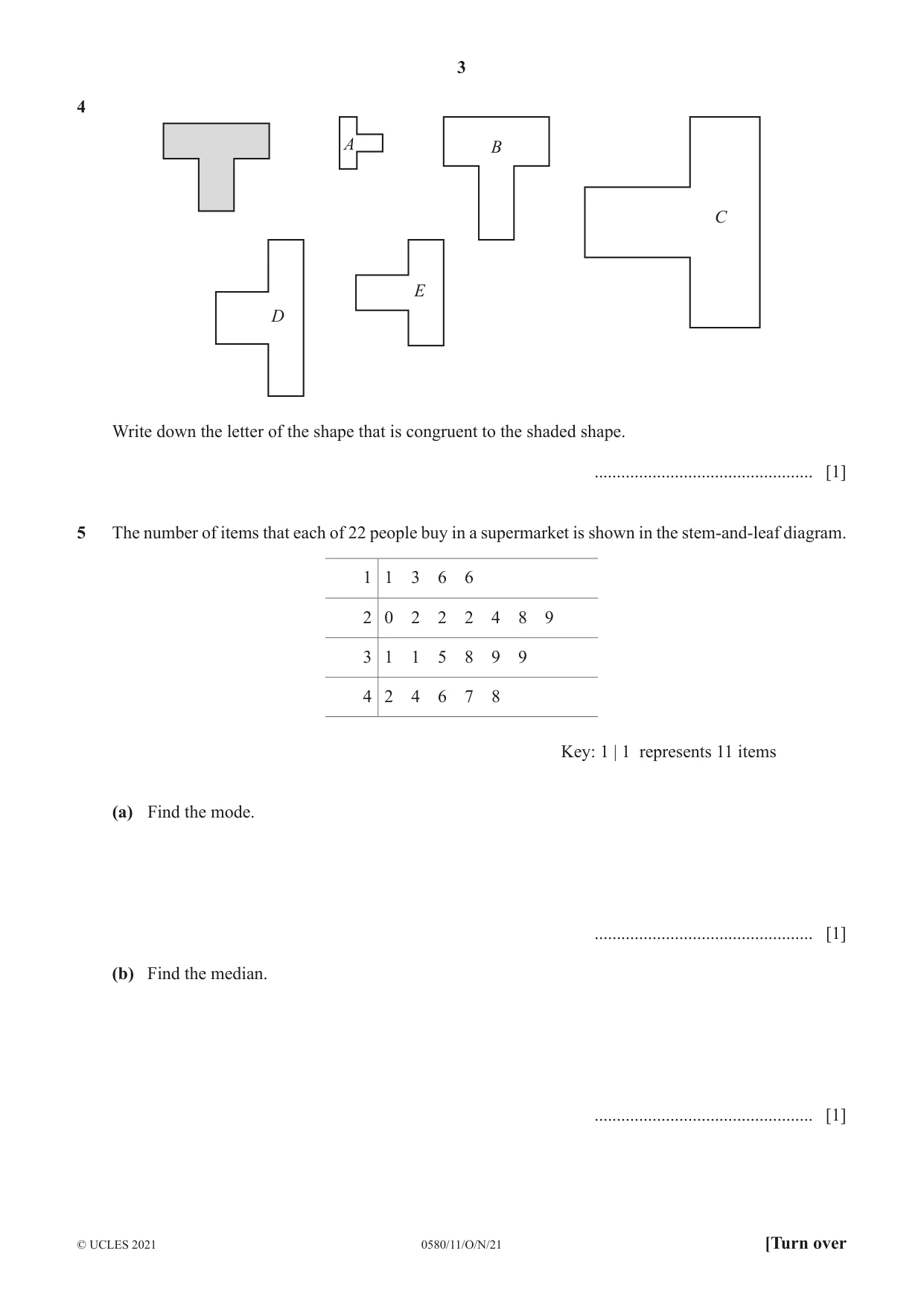 Cambridge IGCSE Mathematics 0580 2021 Oct/Nov Paper 1 · Variant 1 question paper, page 3 of 12