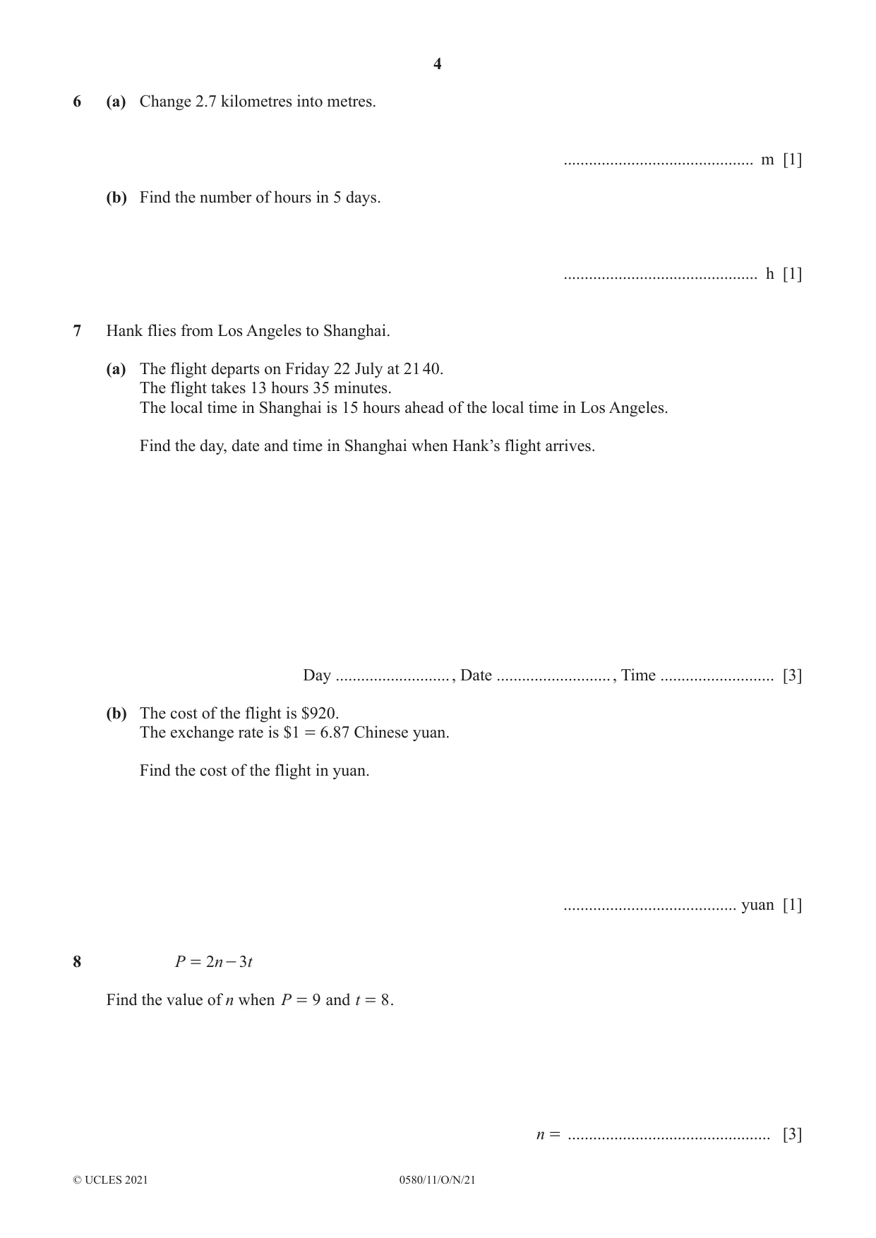Cambridge IGCSE Mathematics 0580 2021 Oct/Nov Paper 1 · Variant 1 question paper, page 4 of 12