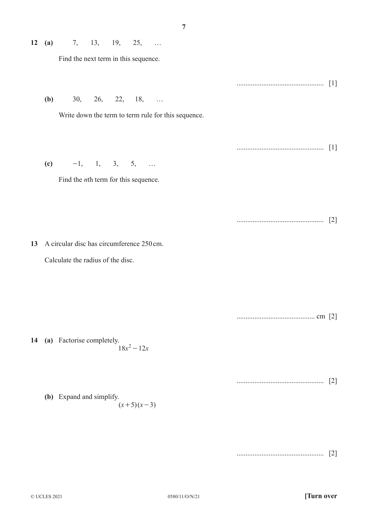 Cambridge IGCSE Mathematics 0580 2021 Oct/Nov Paper 1 · Variant 1 question paper, page 7 of 12