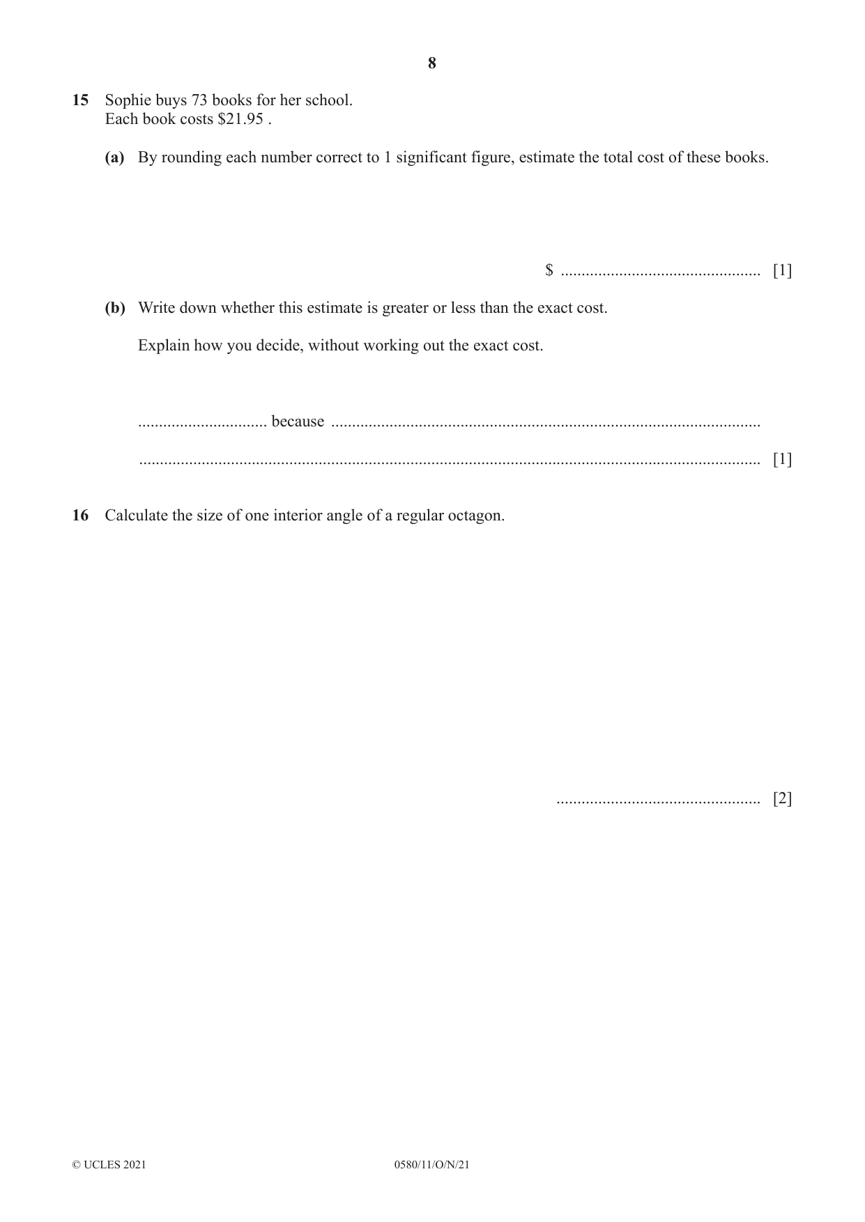 Cambridge IGCSE Mathematics 0580 2021 Oct/Nov Paper 1 · Variant 1 question paper, page 8 of 12