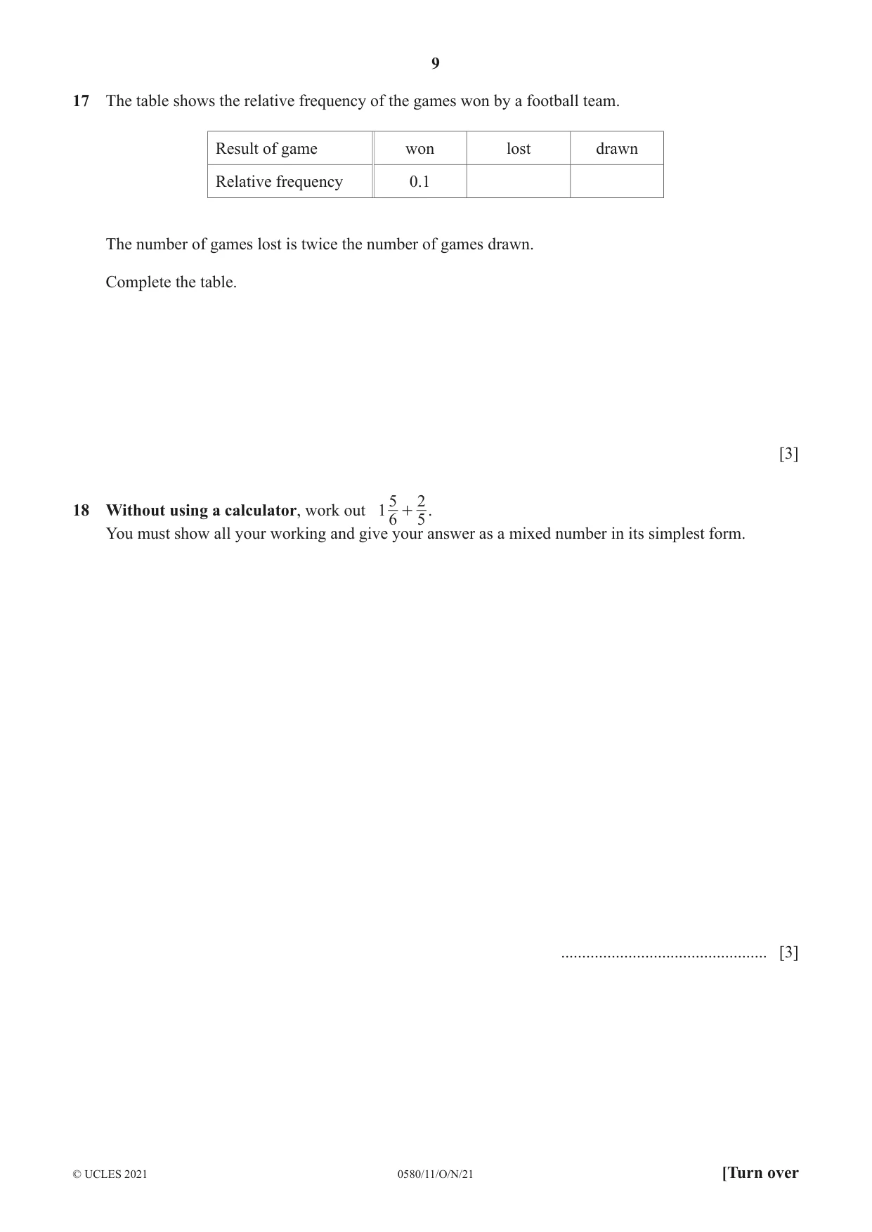 Cambridge IGCSE Mathematics 0580 2021 Oct/Nov Paper 1 · Variant 1 question paper, page 9 of 12