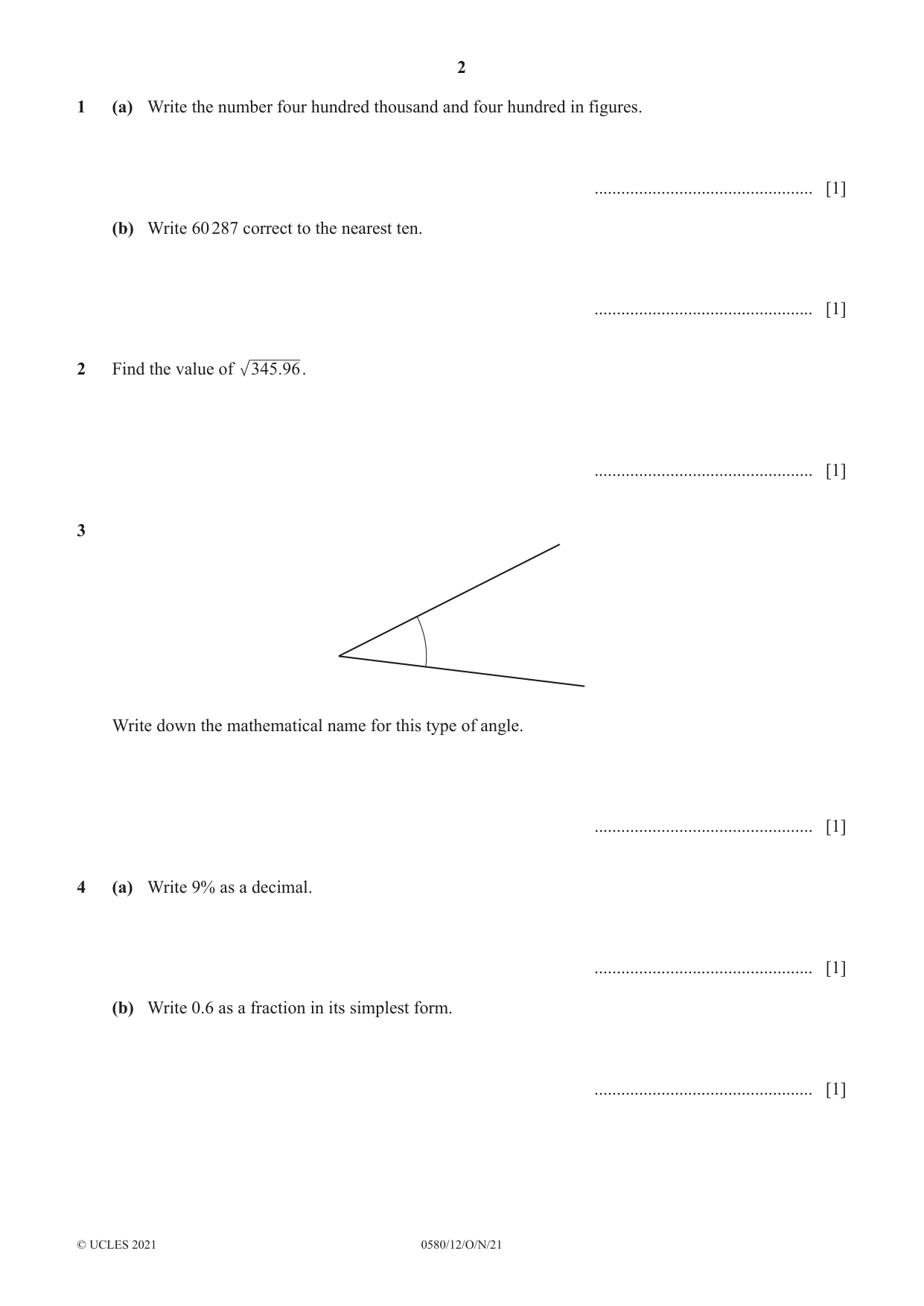 Cambridge IGCSE Mathematics 0580 2021 Oct/Nov Paper 1 · Variant 2 question paper, page 2 of 12