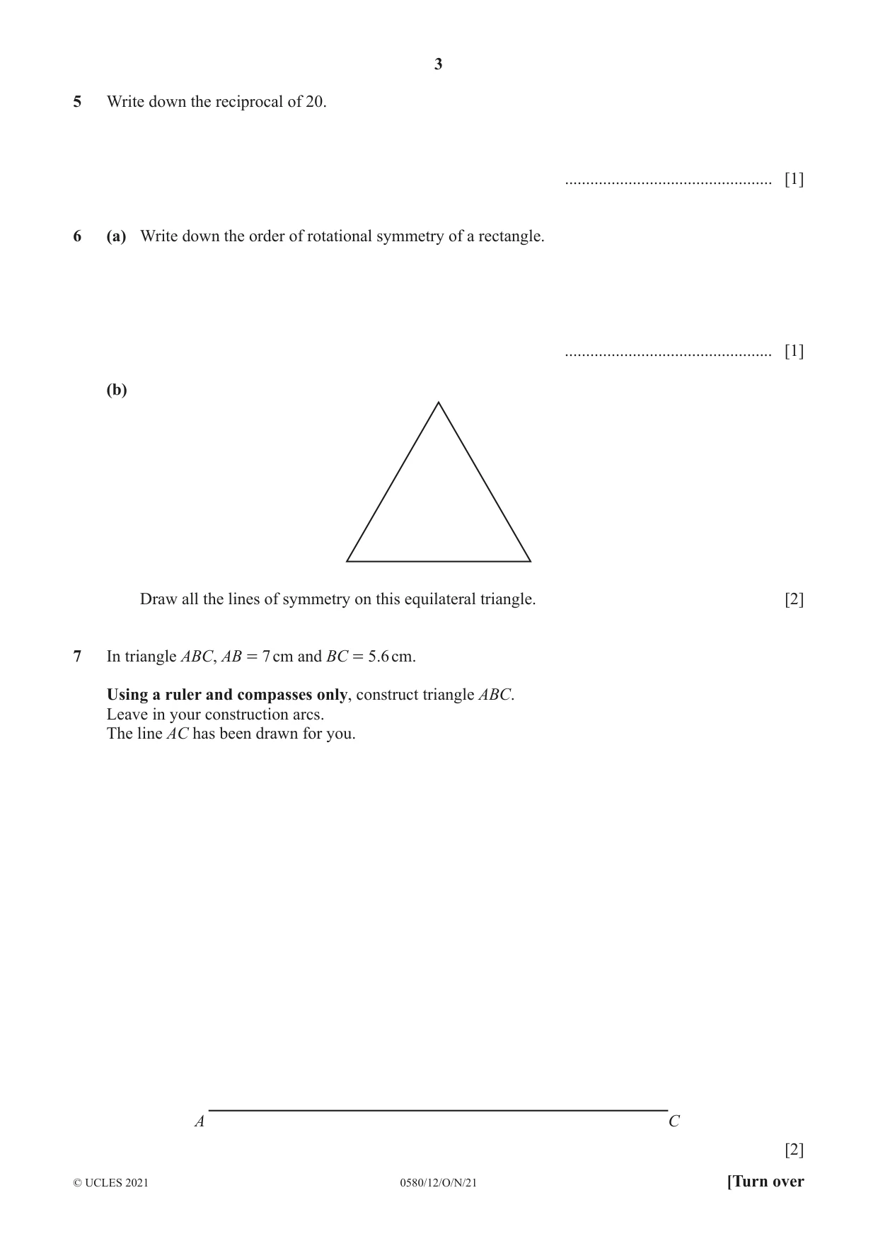 Cambridge IGCSE Mathematics 0580 2021 Oct/Nov Paper 1 · Variant 2 question paper, page 3 of 12
