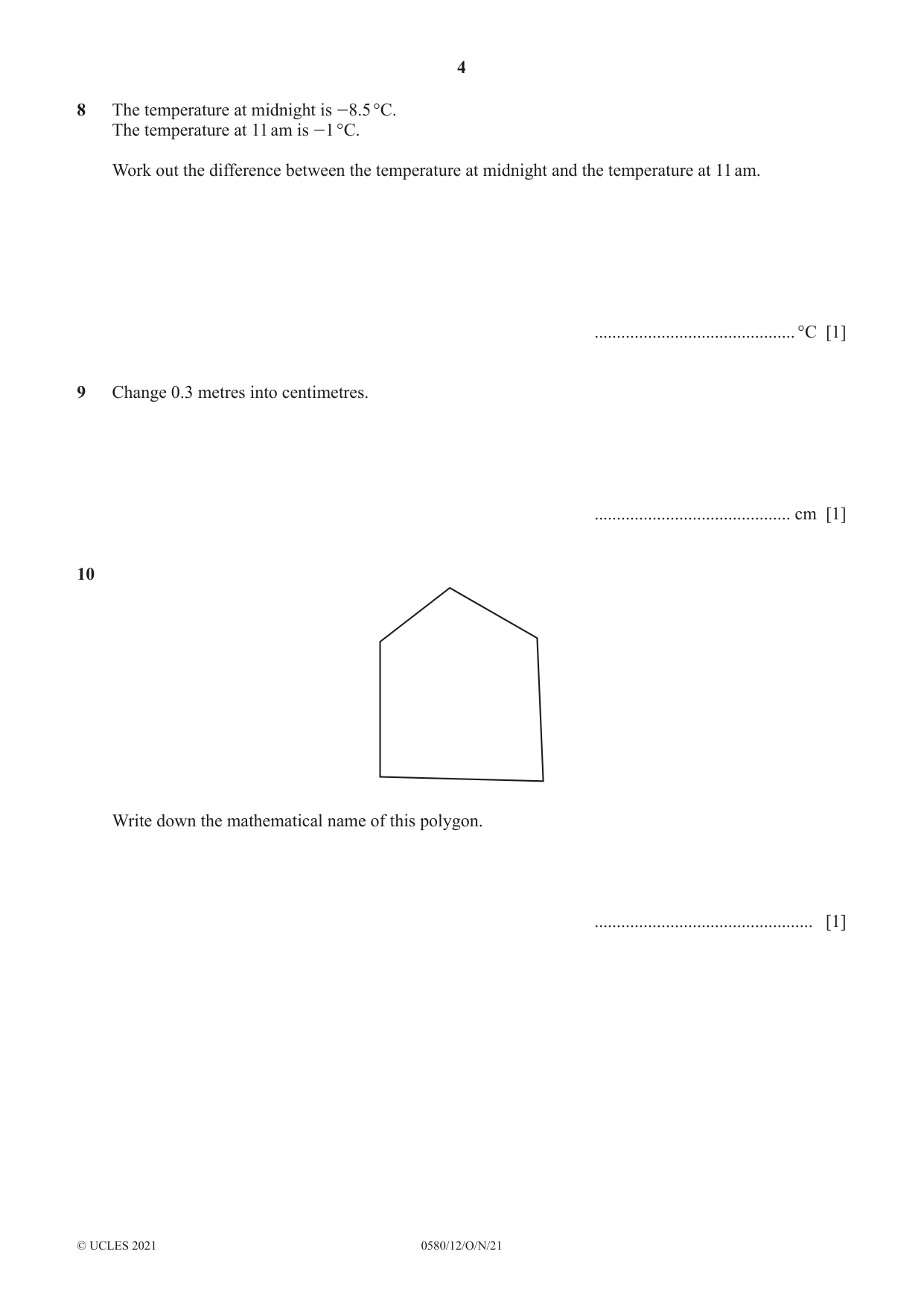 Cambridge IGCSE Mathematics 0580 2021 Oct/Nov Paper 1 · Variant 2 question paper, page 4 of 12