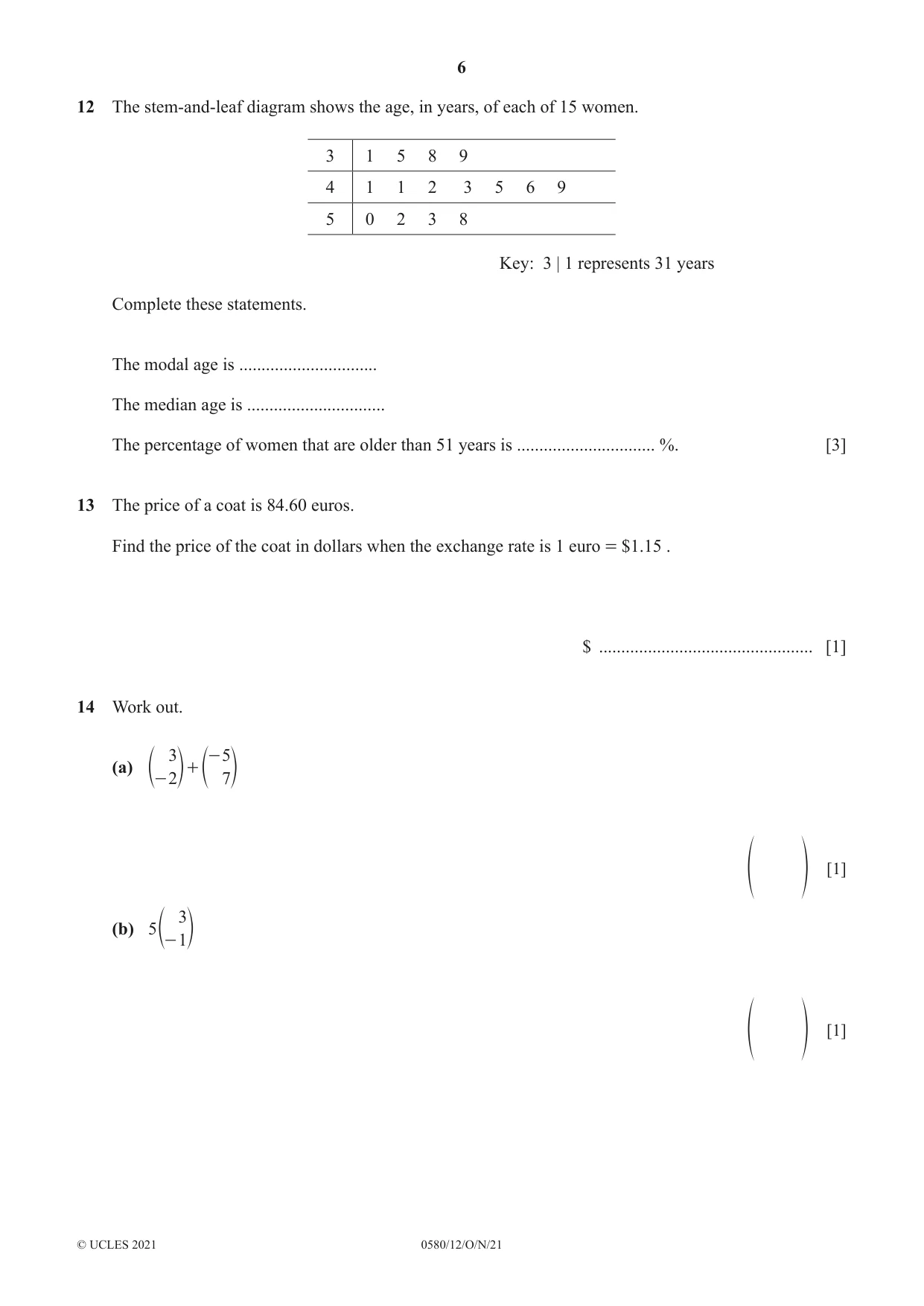 Cambridge IGCSE Mathematics 0580 2021 Oct/Nov Paper 1 · Variant 2 question paper, page 6 of 12