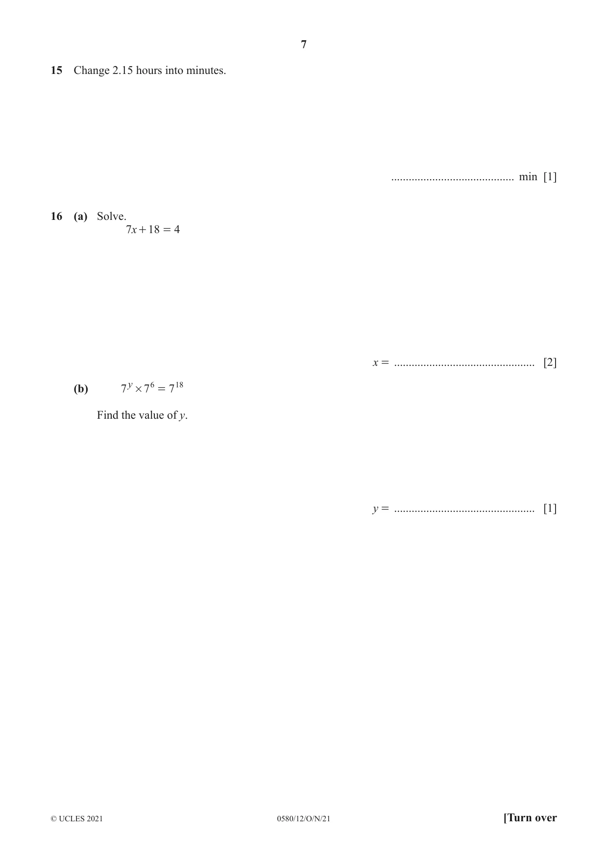 Cambridge IGCSE Mathematics 0580 2021 Oct/Nov Paper 1 · Variant 2 question paper, page 7 of 12