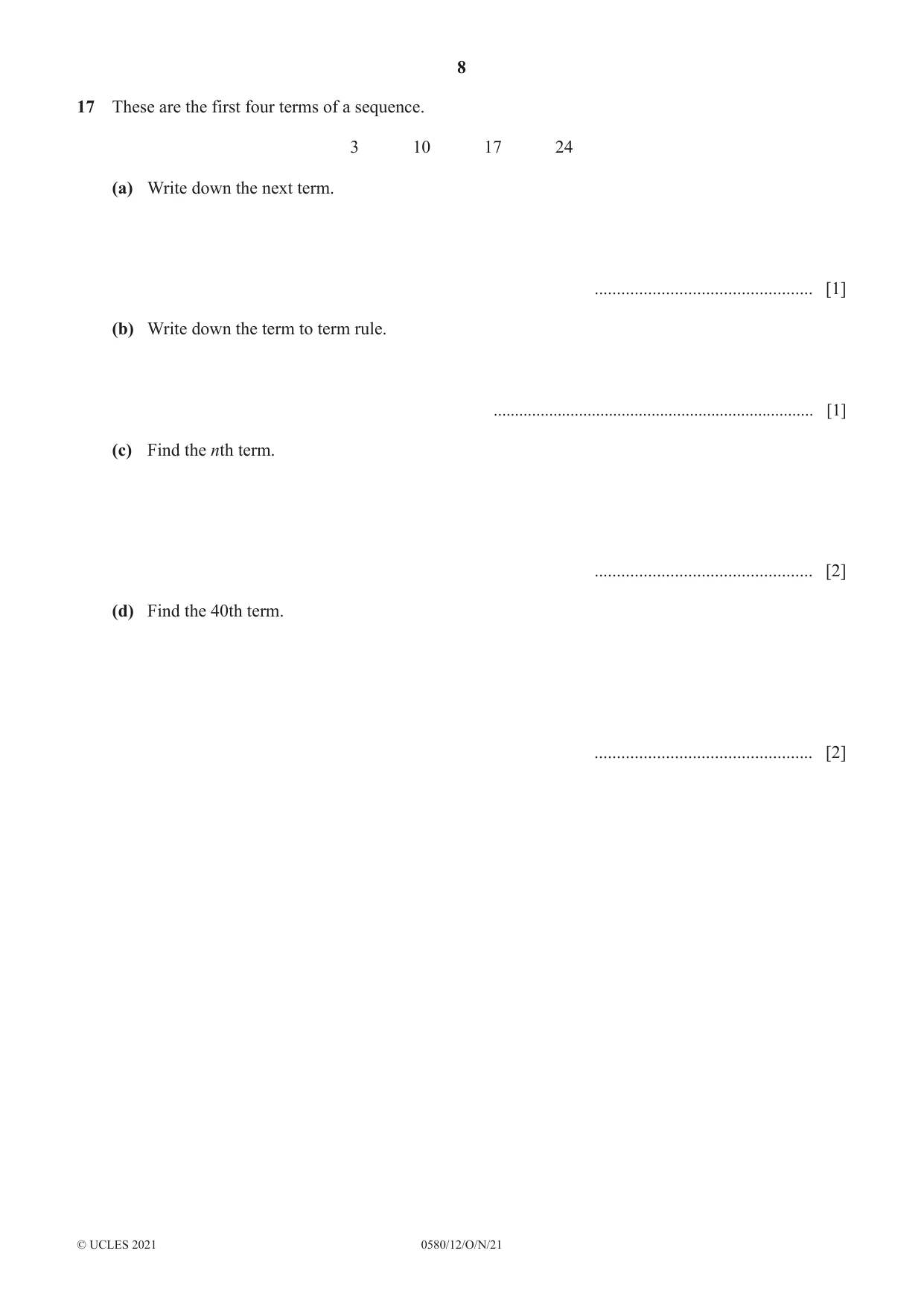 Cambridge IGCSE Mathematics 0580 2021 Oct/Nov Paper 1 · Variant 2 question paper, page 8 of 12
