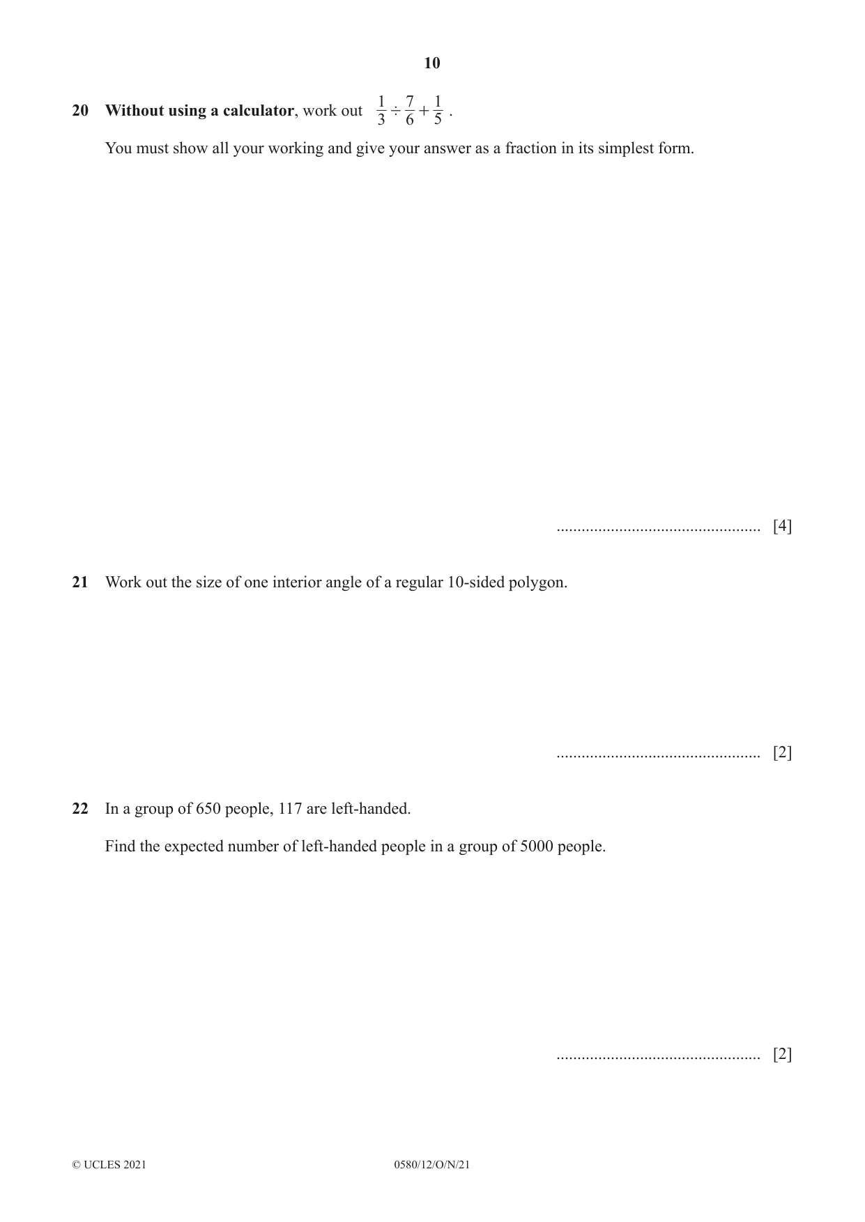 Cambridge IGCSE Mathematics 0580 2021 Oct/Nov Paper 1 · Variant 2 question paper, page 10 of 12