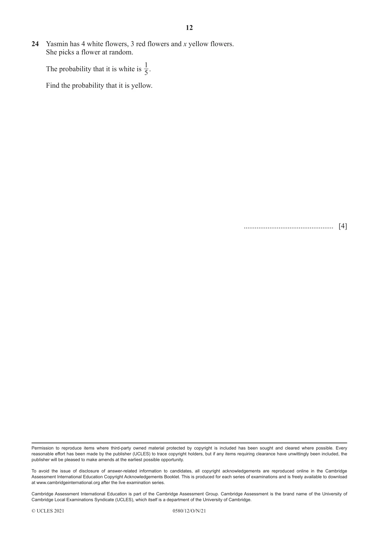 Cambridge IGCSE Mathematics 0580 2021 Oct/Nov Paper 1 · Variant 2 question paper, page 12 of 12