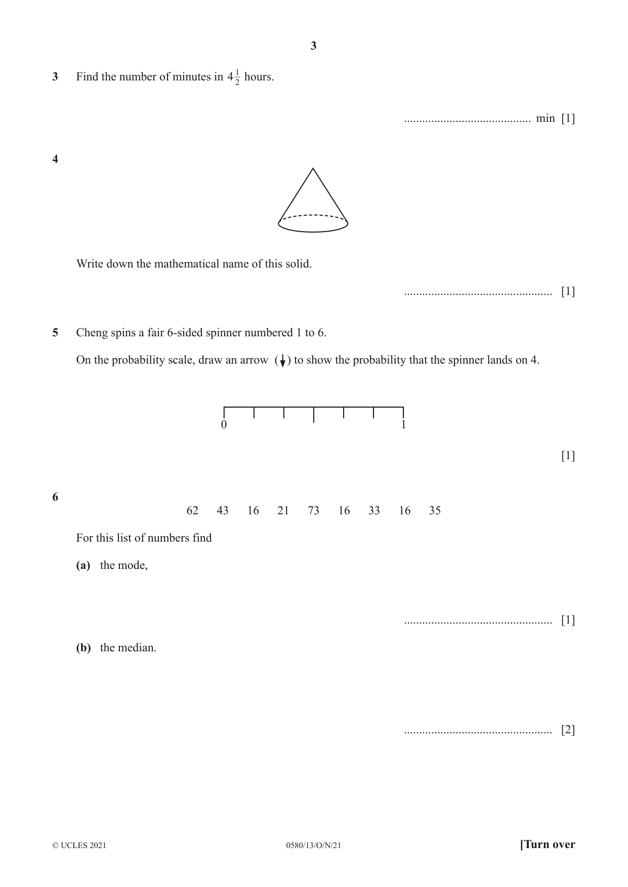 Cambridge IGCSE Mathematics 0580 2021 Oct/Nov Paper 1 · Variant 3 question paper, page 3 of 12