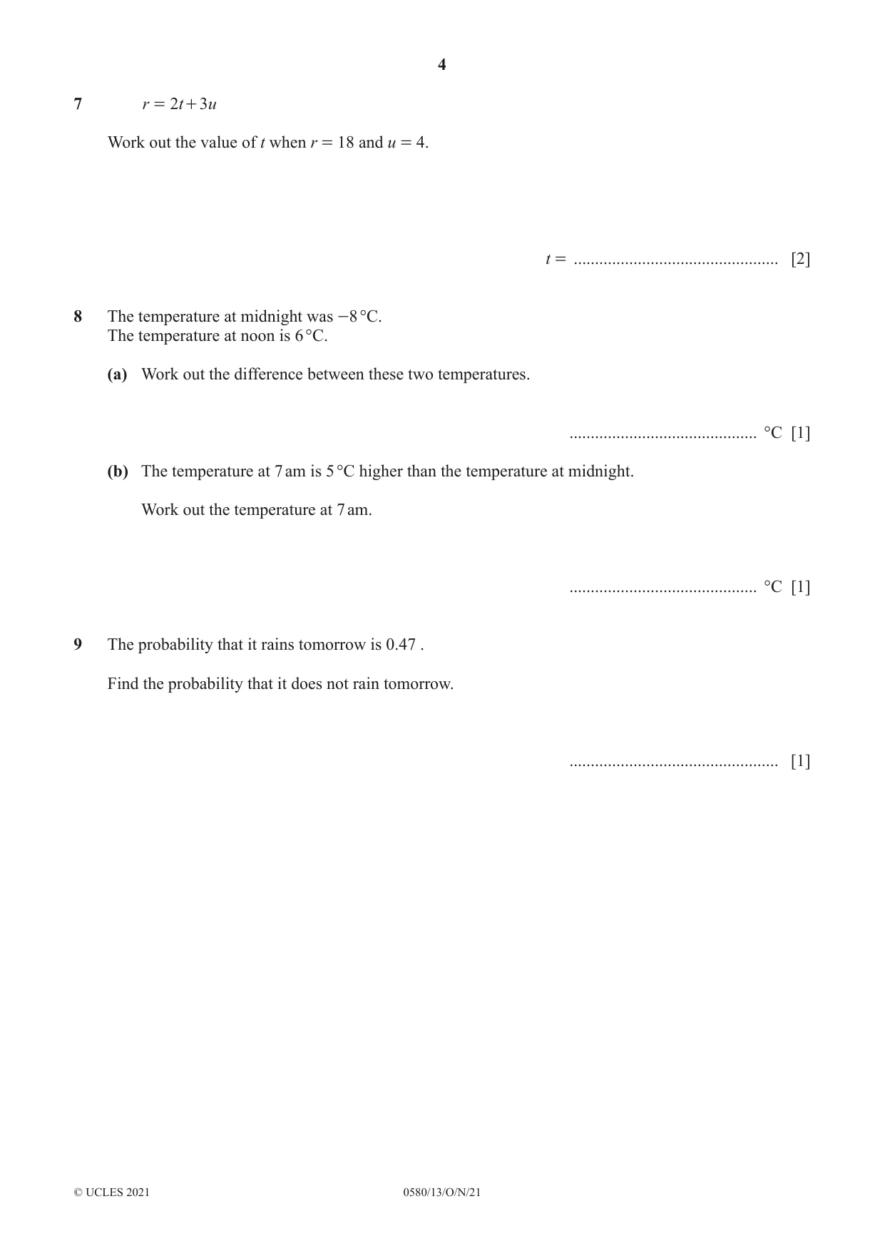 Cambridge IGCSE Mathematics 0580 2021 Oct/Nov Paper 1 · Variant 3 question paper, page 4 of 12
