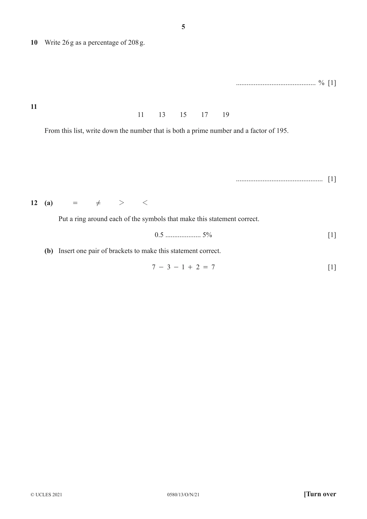 Cambridge IGCSE Mathematics 0580 2021 Oct/Nov Paper 1 · Variant 3 question paper, page 5 of 12