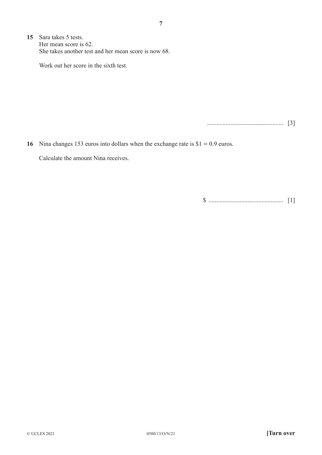 Cambridge IGCSE Mathematics 0580 2021 Oct/Nov Paper 1 · Variant 3 question paper, page 7 of 12
