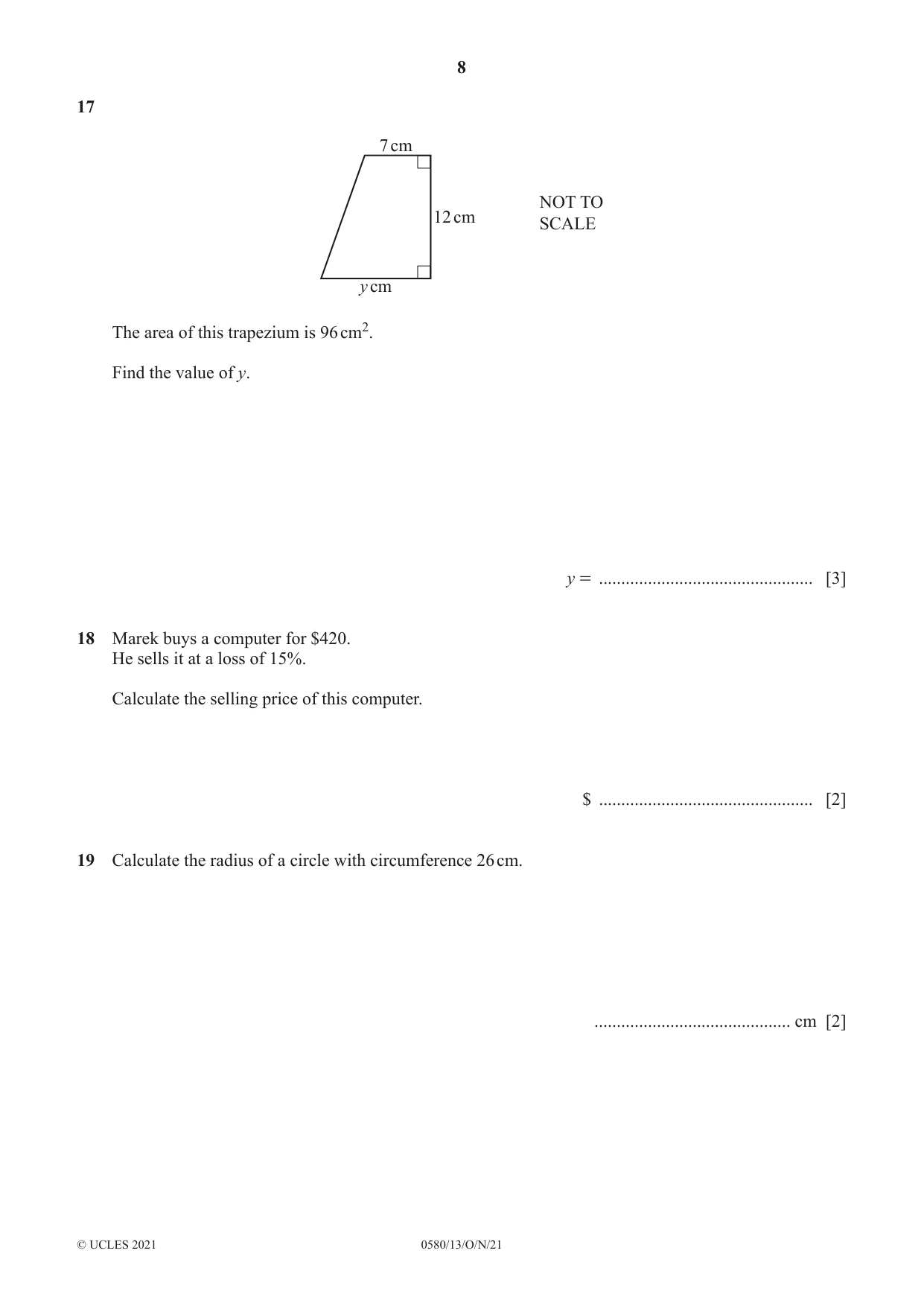 Cambridge IGCSE Mathematics 0580 2021 Oct/Nov Paper 1 · Variant 3 question paper, page 8 of 12