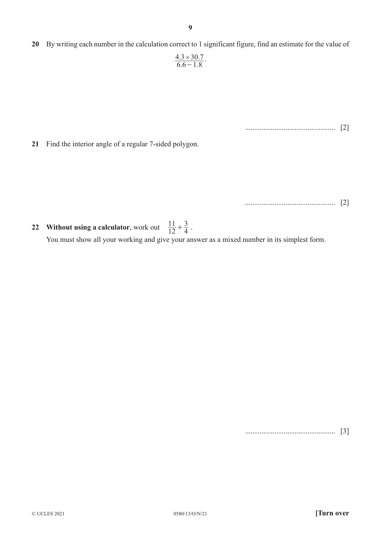 Cambridge IGCSE Mathematics 0580 2021 Oct/Nov Paper 1 · Variant 3 question paper, page 9 of 12
