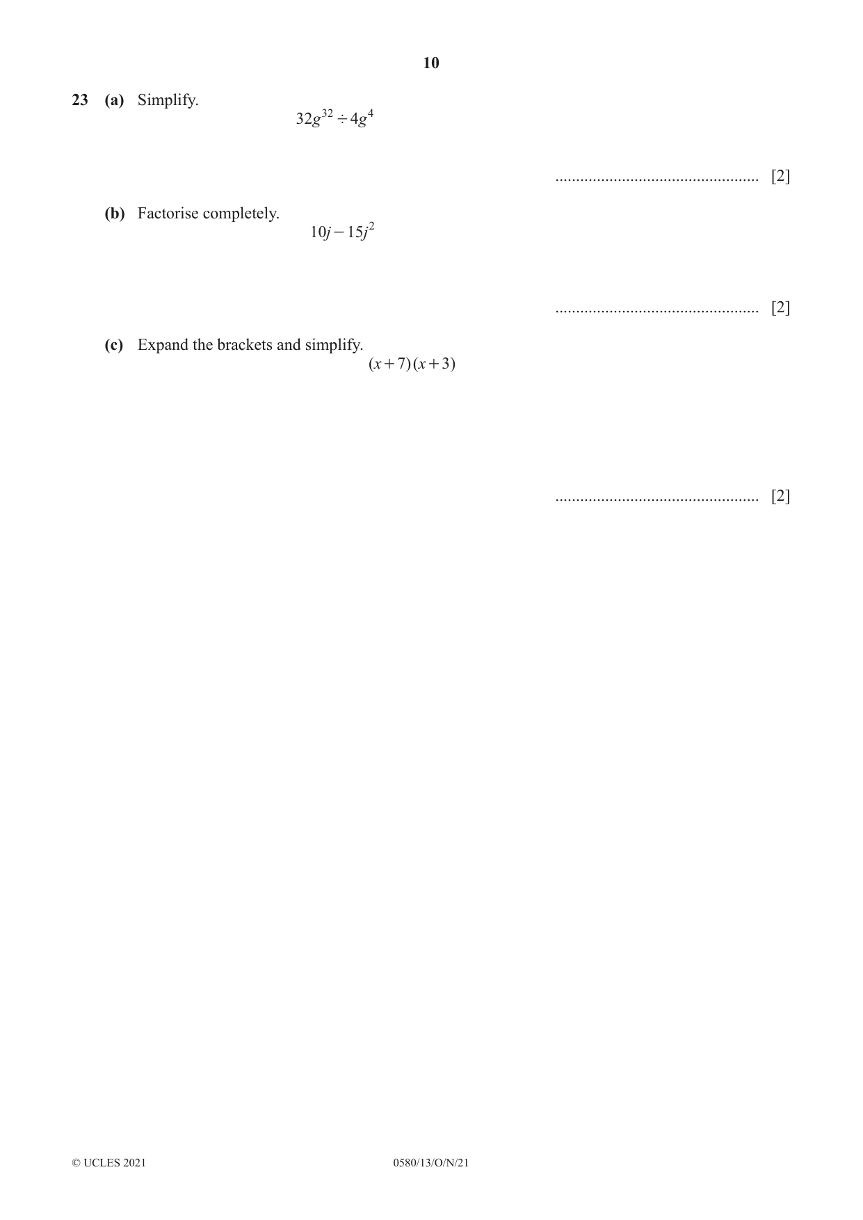 Cambridge IGCSE Mathematics 0580 2021 Oct/Nov Paper 1 · Variant 3 question paper, page 10 of 12