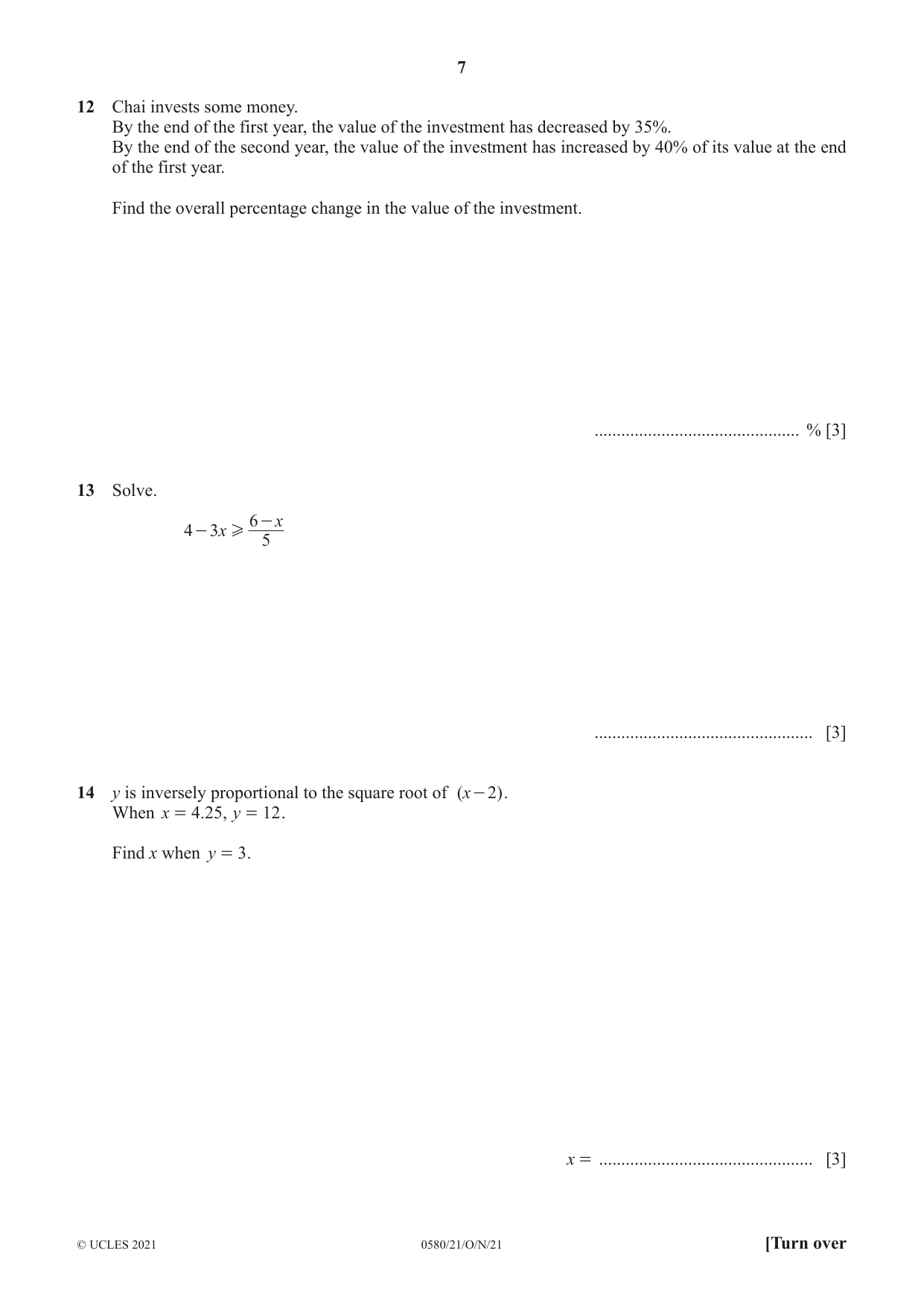 Cambridge IGCSE Mathematics 0580 2021 Oct/Nov Paper 2 · Variant 1 question paper, page 7 of 12