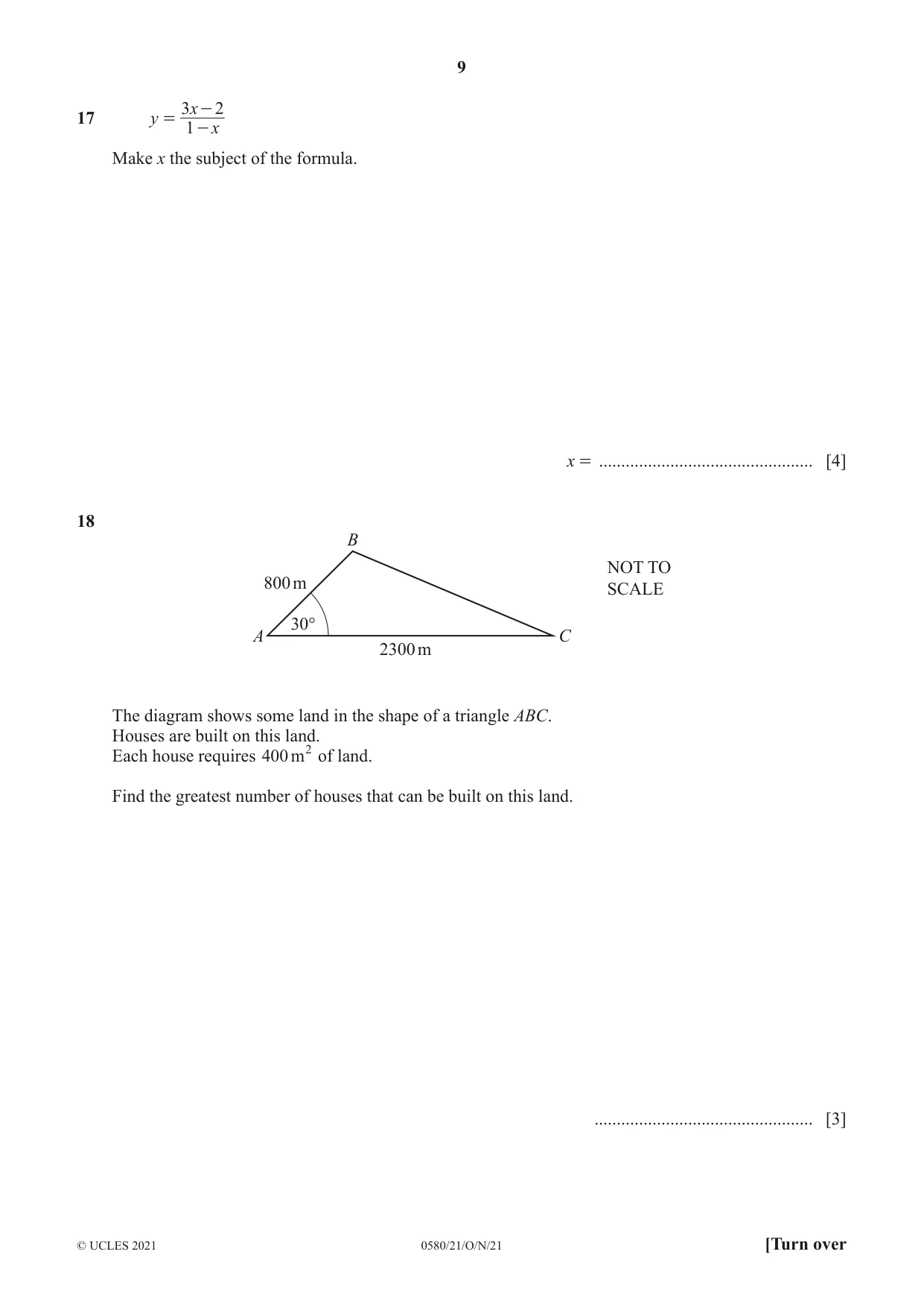 Cambridge IGCSE Mathematics 0580 2021 Oct/Nov Paper 2 · Variant 1 question paper, page 9 of 12
