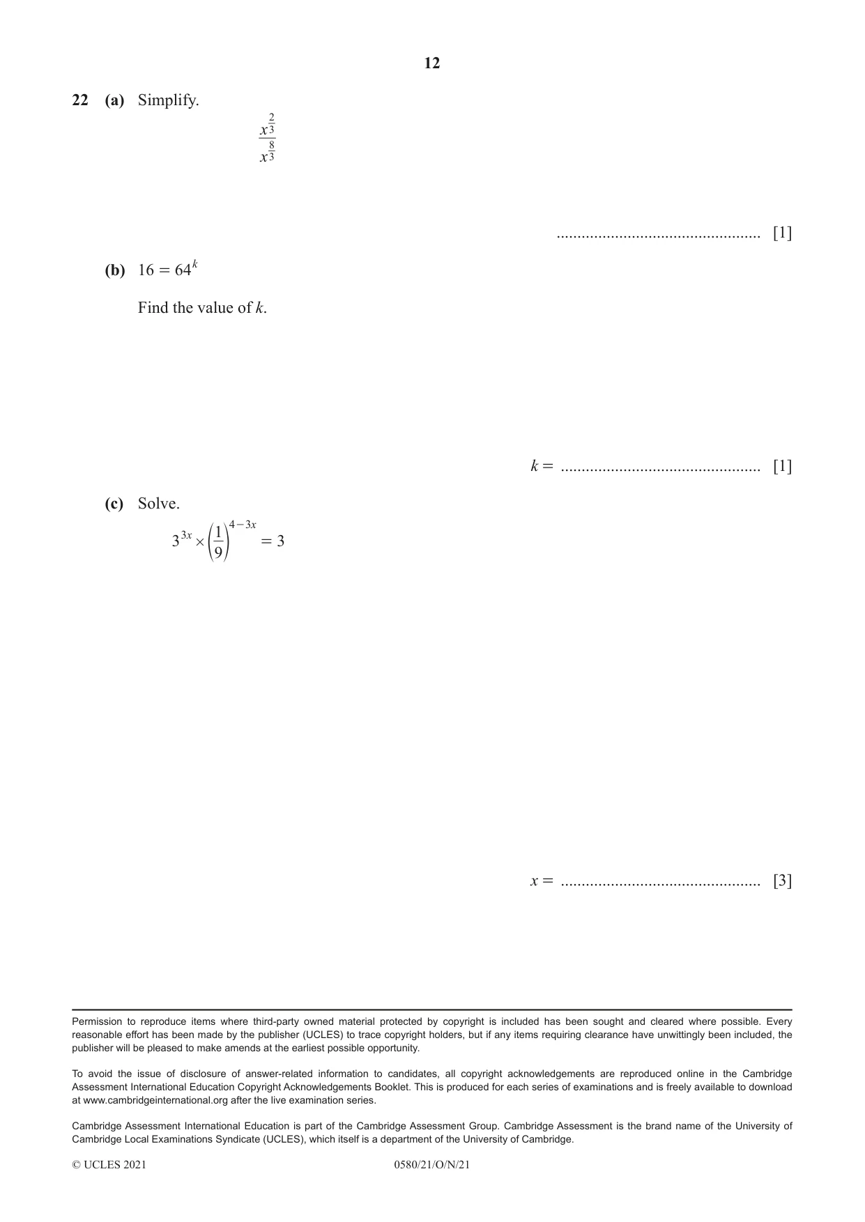 Cambridge IGCSE Mathematics 0580 2021 Oct/Nov Paper 2 · Variant 1 question paper, page 12 of 12