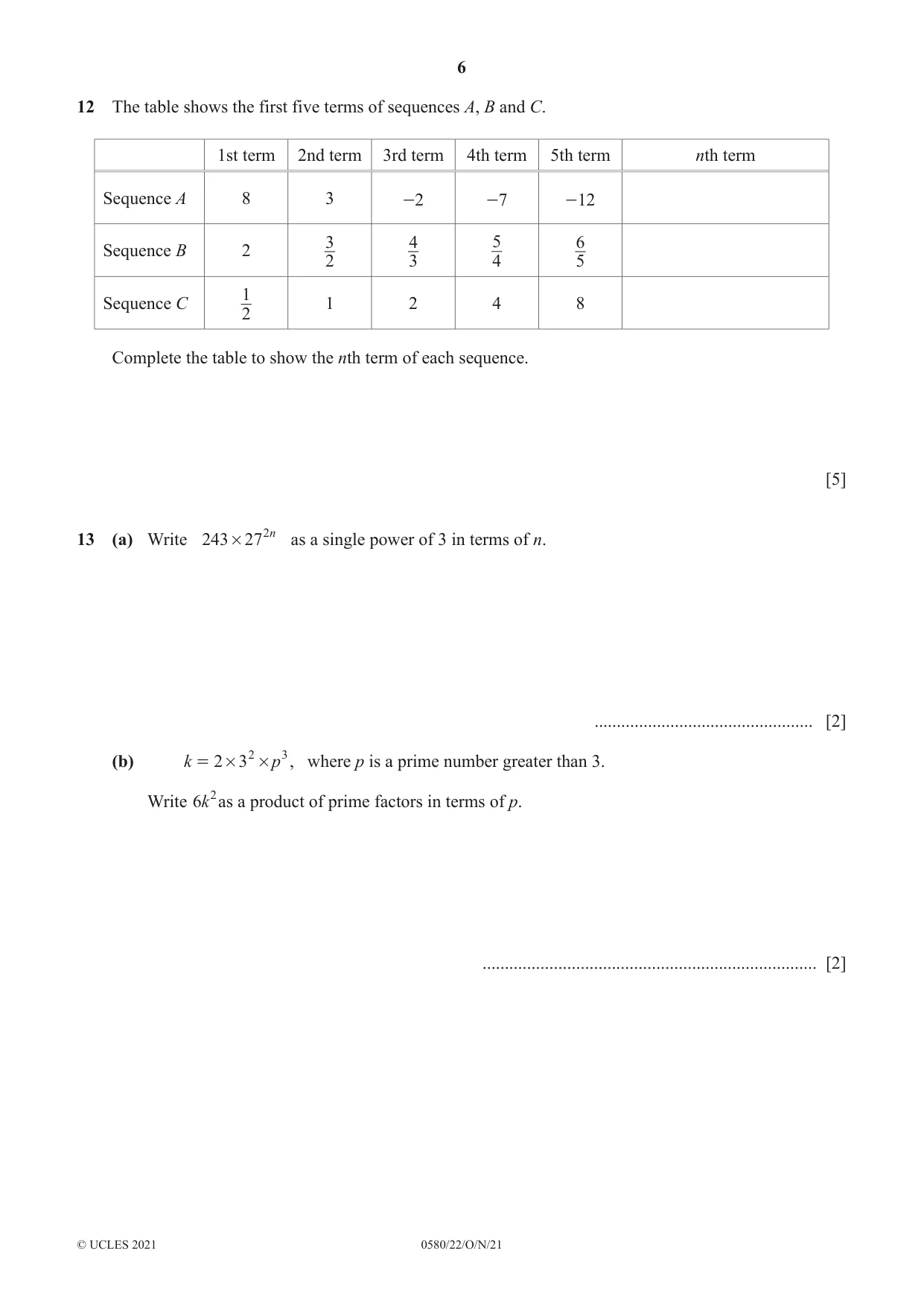 Cambridge IGCSE Mathematics 0580 2021 Oct/Nov Paper 2 · Variant 2 question paper, page 6 of 12