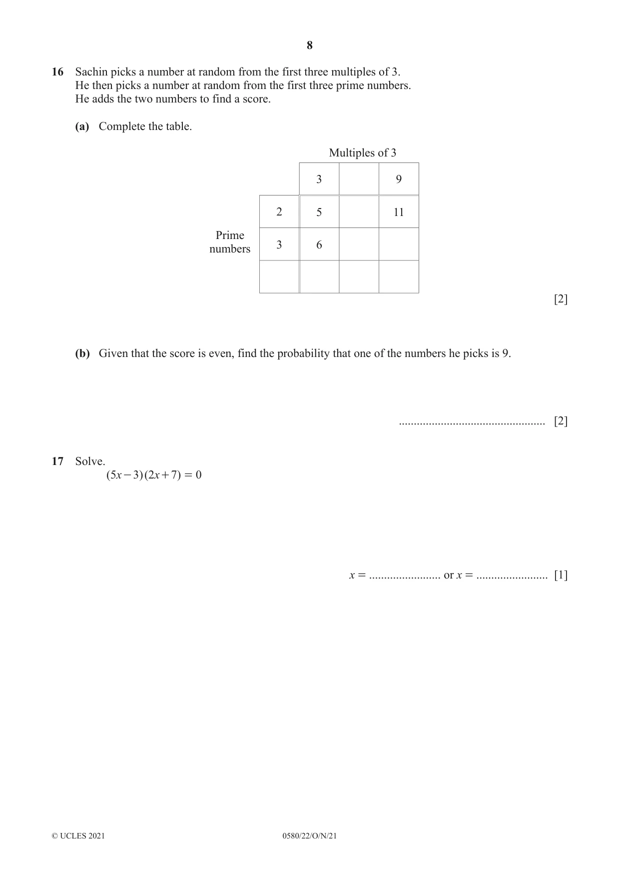 Cambridge IGCSE Mathematics 0580 2021 Oct/Nov Paper 2 · Variant 2 question paper, page 8 of 12
